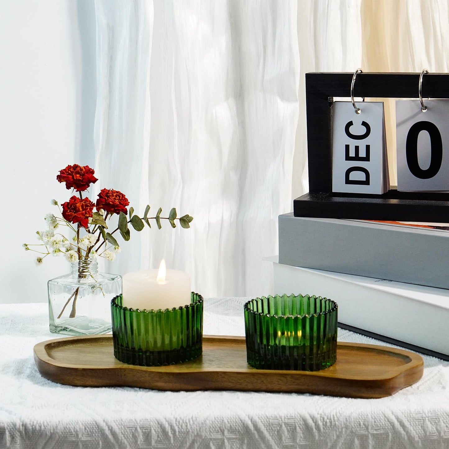 Jollyhilan 6 Pack Glass Candle Holder,Round Glass Candle Tray Ribbed Tealight Holders for Votives, Floating Candles Table Centerpieces Wedding Home Decor,Green
