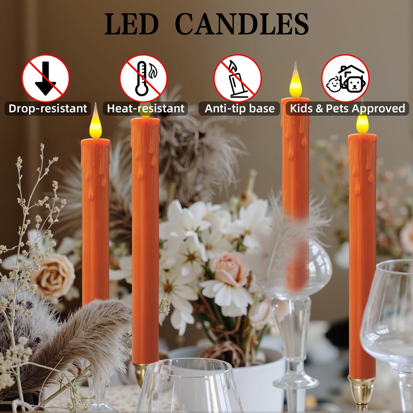 Flameless Taper Candles -10 inch 6 Pack Orange Candle Sticks with 3D Flickering Effect & 10-Key Remote, Realistic Battery Operated Candlesticks for Christmas Decor, Weddings, Halloween, Home Decor