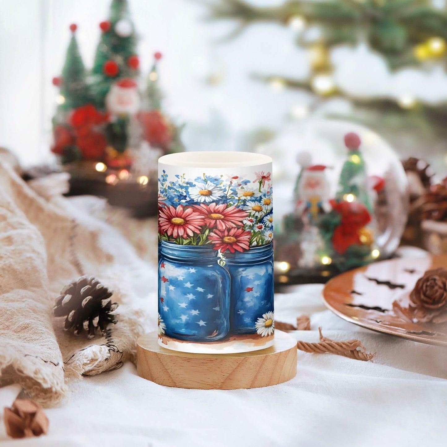 Patriotic Red Blue Flowers Vase American Flag5 Flickering Flameless Candles Battery Operated with Remote Timer,Tea Light Candles LED Pillar Votive Candles set of 2 for Outdoor Indoor Decorations