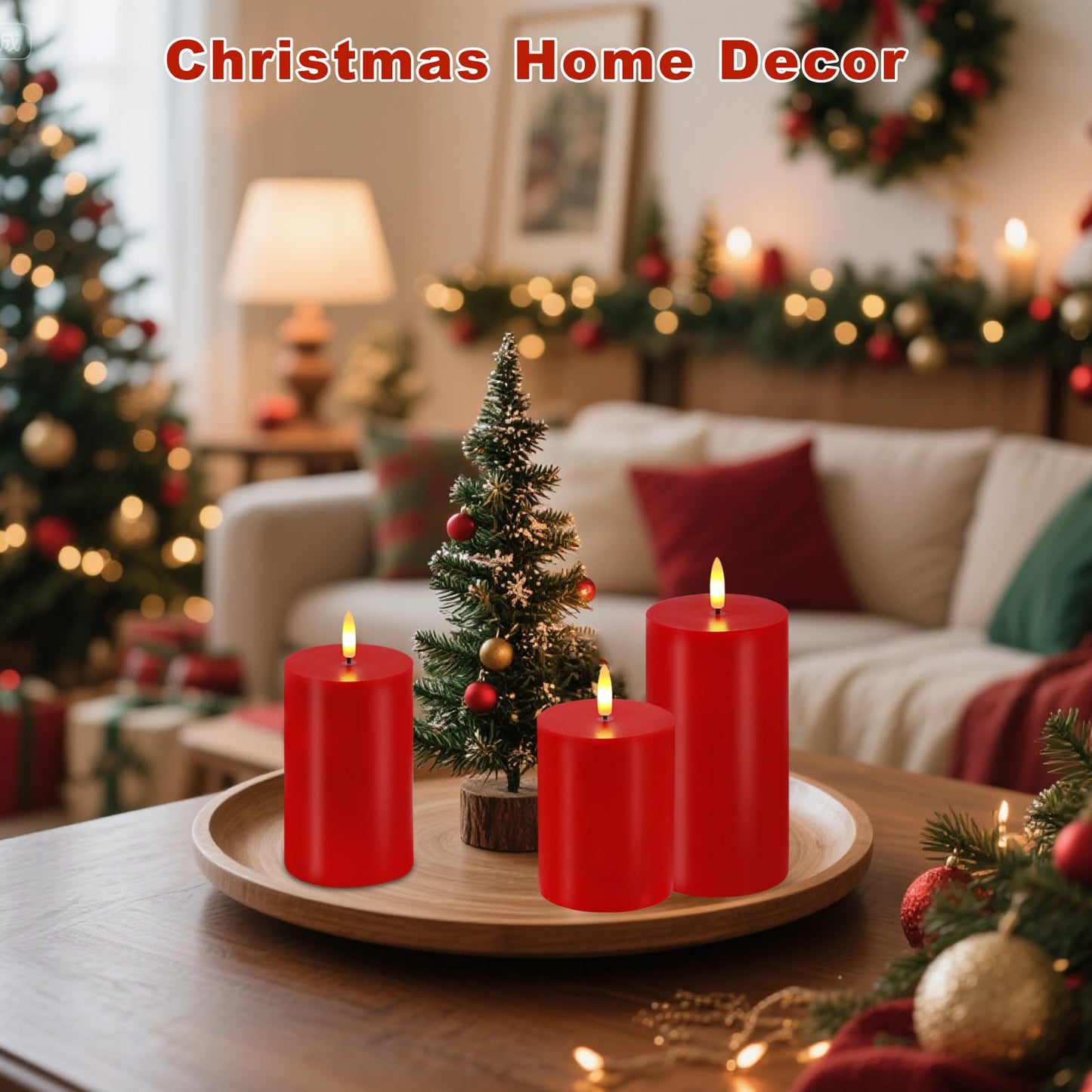 Red Flameless Candles, Set of 3 Flickering LED Candles with Remote & Timer, Dimmable Real Wax Electric Pillar Candles Battery Operated, Christmas Flameless Candles Light for Home Xmas Decor (Red)