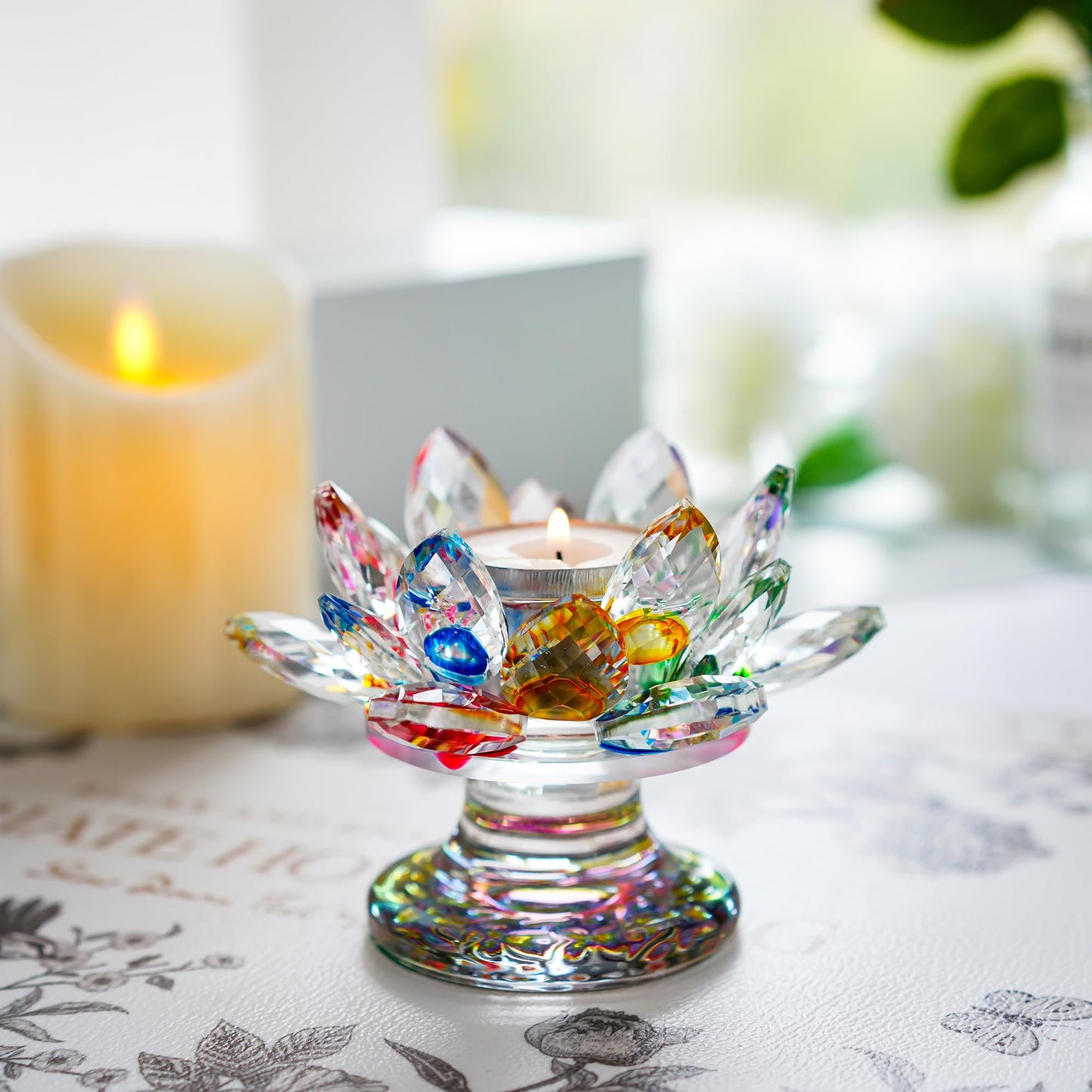H&D HYALINE & DORA Colorful Crystal Lotus Flower Candle Holder Tealight Holders (4.5inch-Multi)