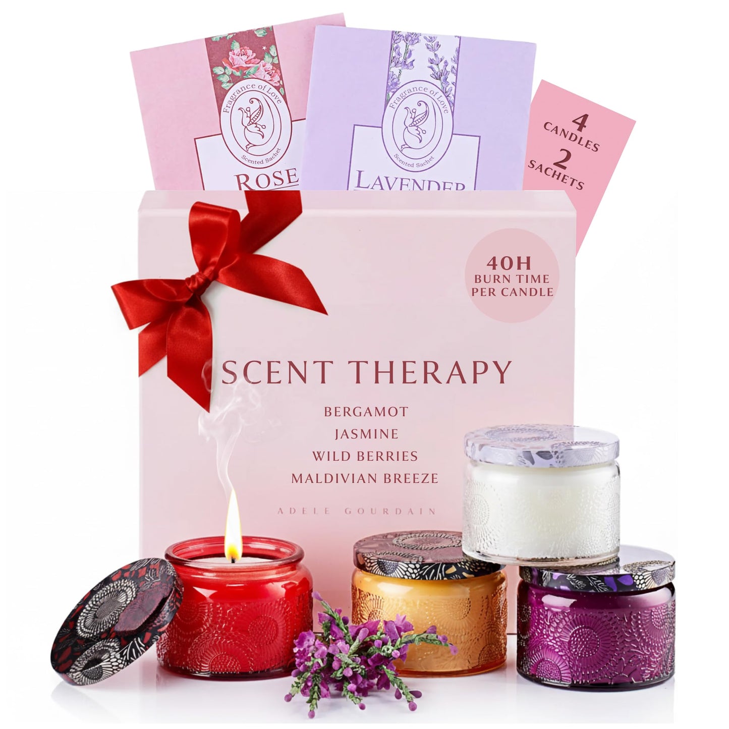 ADELEGOURDAIN Aromatherapy Scented Gift Set - 4 Soy Wax Candles & 2 Fragrance Sachets - Calming Jasmine, Bergamot, Berry & Breeze Scents in Glass Jars - Home, Bath & Relaxation Mother's Day Presents