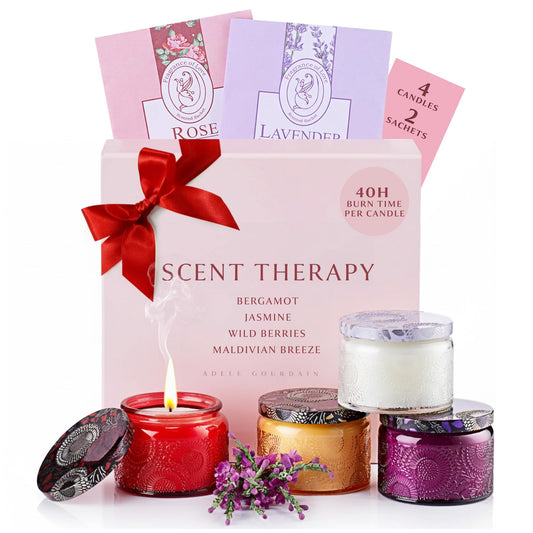 ADELEGOURDAIN Aromatherapy Scented Gift Set - 4 Soy Wax Candles & 2 Fragrance Sachets - Calming Jasmine, Bergamot, Berry & Breeze Scents in Glass Jars - Home, Bath & Relaxation Mother's Day Presents