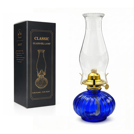 13" Large Glass Kerosene Oil Lamp, Vintage Hurricane Lantern with Thickened Glass Base, Chamber Oil Lamp for Indoor Use, Rustic Tabletop Lantern for Home Decor, Emergency Lighting(Blue)