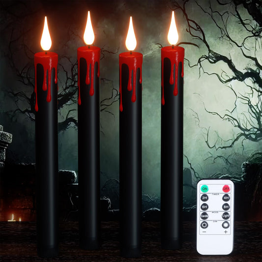 Lasumora Halloween Black Flameless Taper Candles Flickering with Remote Timer, Battery Operated Led Taper Candle, 4 Pcs Drip Wax Candlesticks for Halloween Decor Horror Party Table Window Decoration