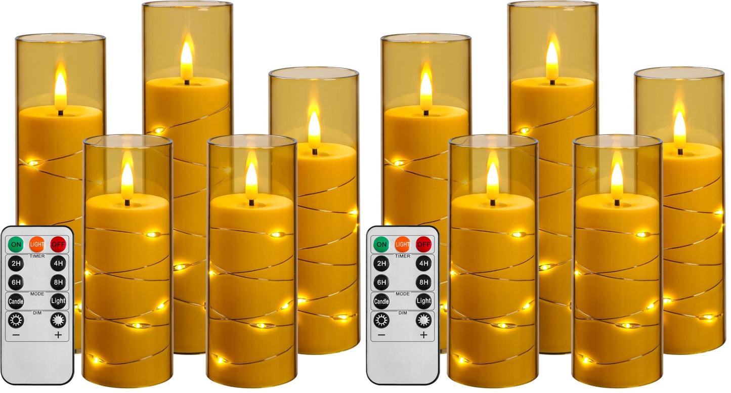 Da by Flameless Candle Light, Battery Candle with recessed String Lights, 5 flameless Candles with 11-Key Remote Control, 24-Hour Timer Function, Champagne Color (Pack of 2)
