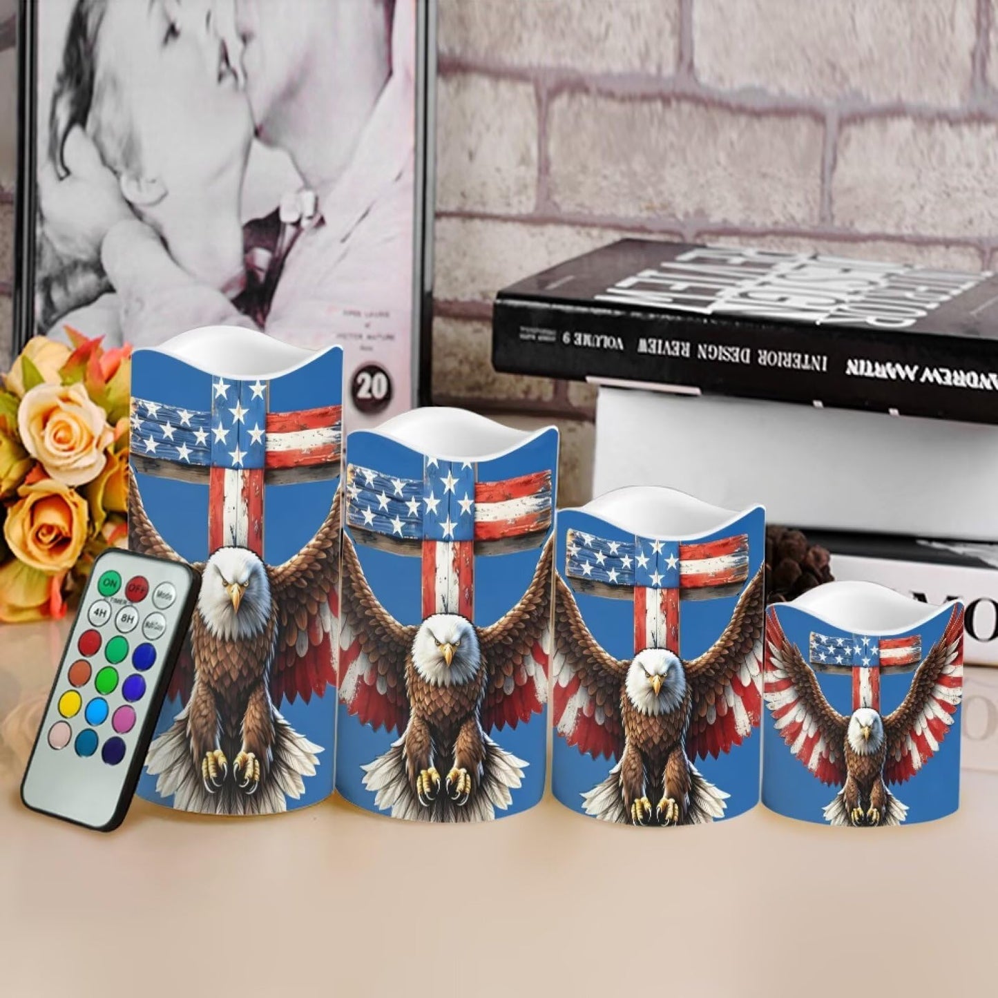 Uorisanigo Independence Day Flameless LED Candles Set of 4 with Remote Control American Flag Patriotic Battery Operated Decorative Candles Featuring Bald Eagle Stars Stripes Flickering Flame