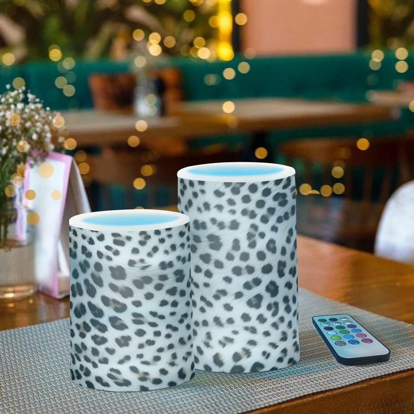 GUIJI White Leopard Print Flameless Candles, Flameless Candles with Remote Set of 2, Flameless Candles Battery Operated, Pillar Candles Home Decoration, Christmas, Party, E08D23009