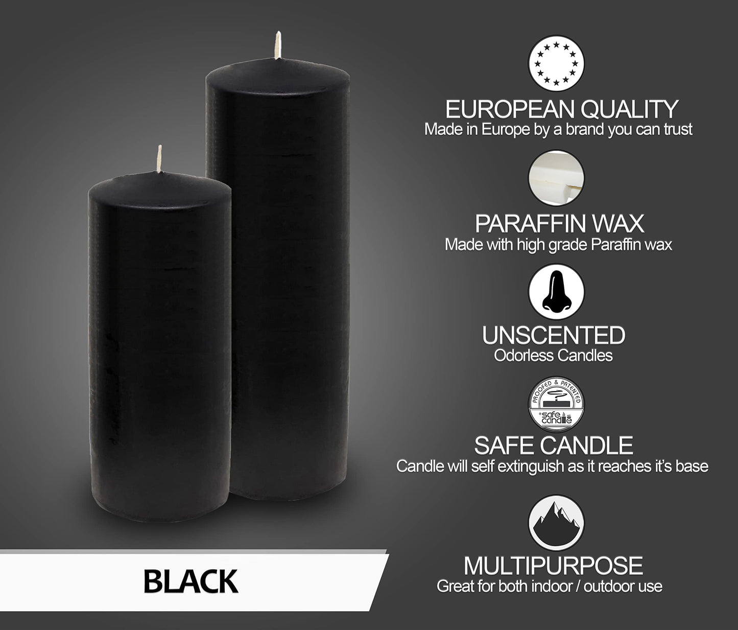 Hyoola Black Pillar Candles 2x8 Inch - 4 Pack Unscented Pillar Candles - European Made