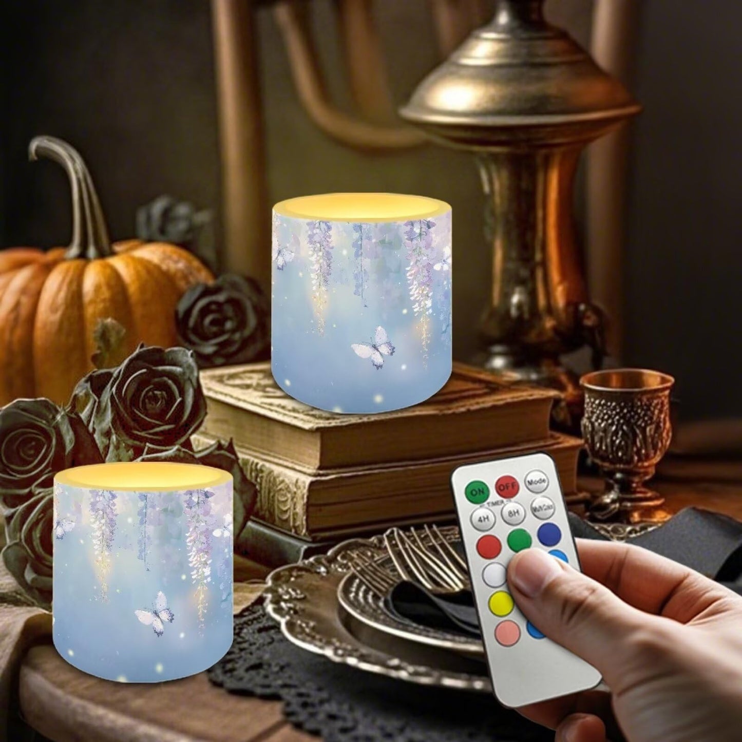 Cozeyat Blue Garden Safe Alternative Candles Set of 4 Battery Powered Flameless LED with Remote Timer Waterproof Flickering for Indoor Outdoor Beach Decor