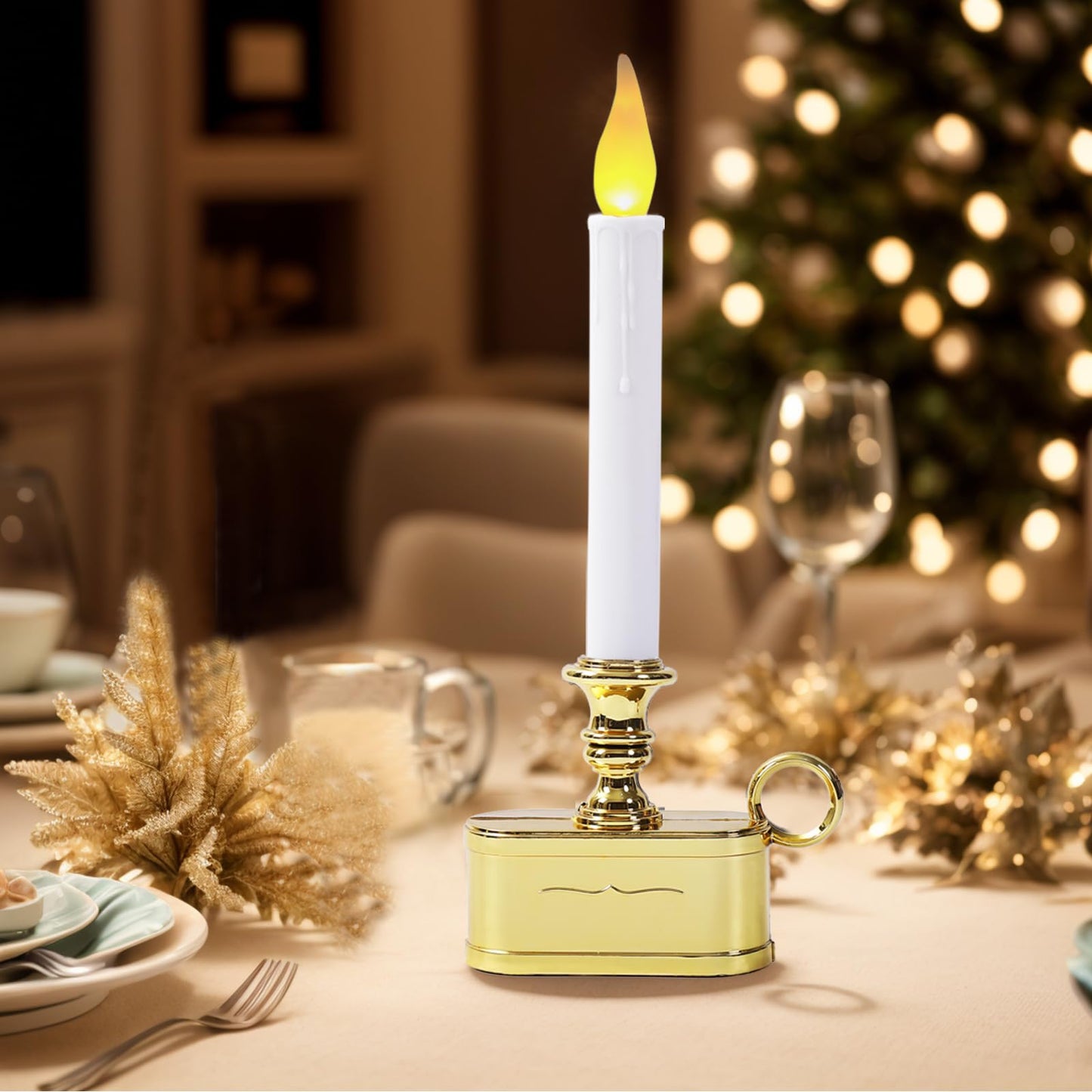 LitTerra Window Candles 2AA Battery Operated with Timer 8 Hours On and 16 Hours Off Led Warm White with Flicker Flame (Gold Base) Battery Not Included