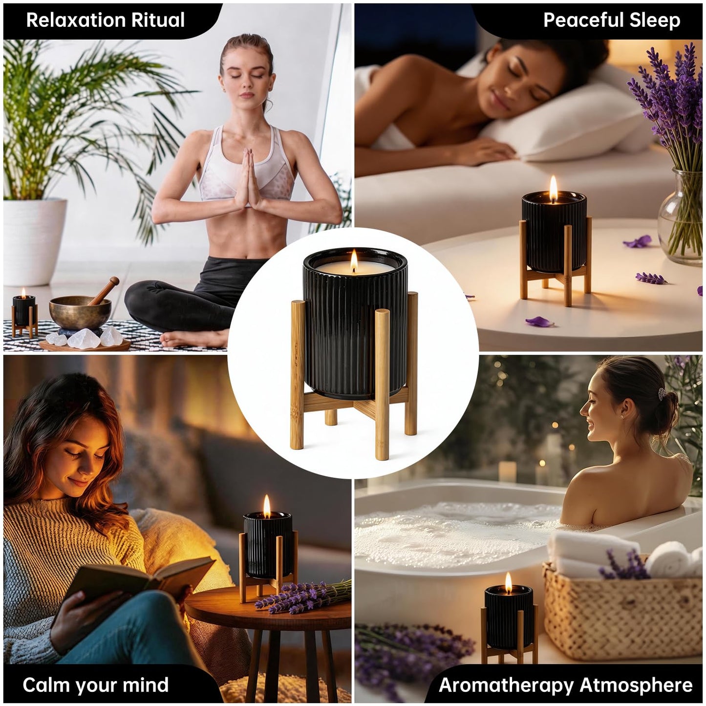 HUICAIMAO Lavender Scented Candle with Wood Stand& Ceramic Jar - 60H Natural Soy Wax, Highly Scented Aromatherapy Candle for Relaxation, Sleep & Home Decor, Elegant Gift for Women