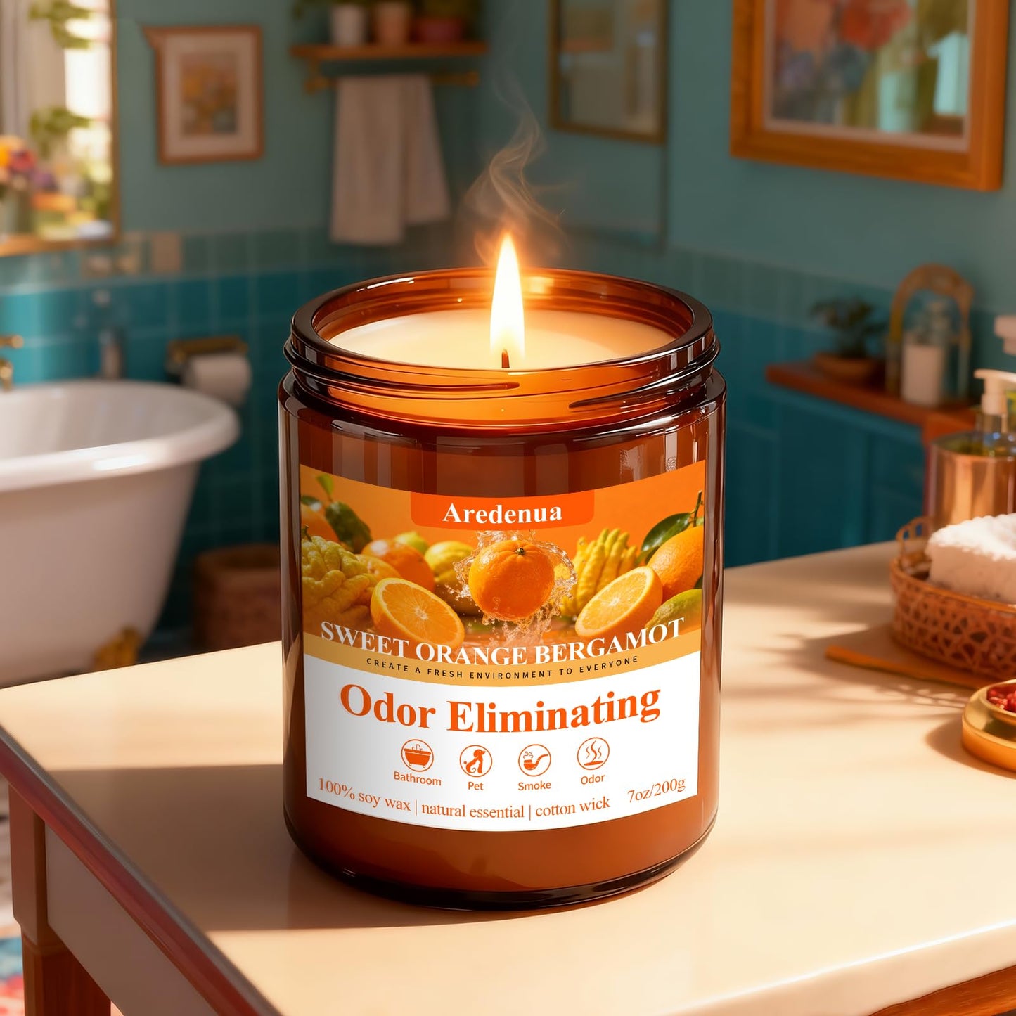 Aredenua Sweet Orange Bergamot Odor Eliminating Candle | Eliminates 95% of Pet, Smoke & Bathroom Odors | 7oz Hand Poured Non-Toxic Soy Candle | Air Freshening Scented Candle for Positive & Relaxation