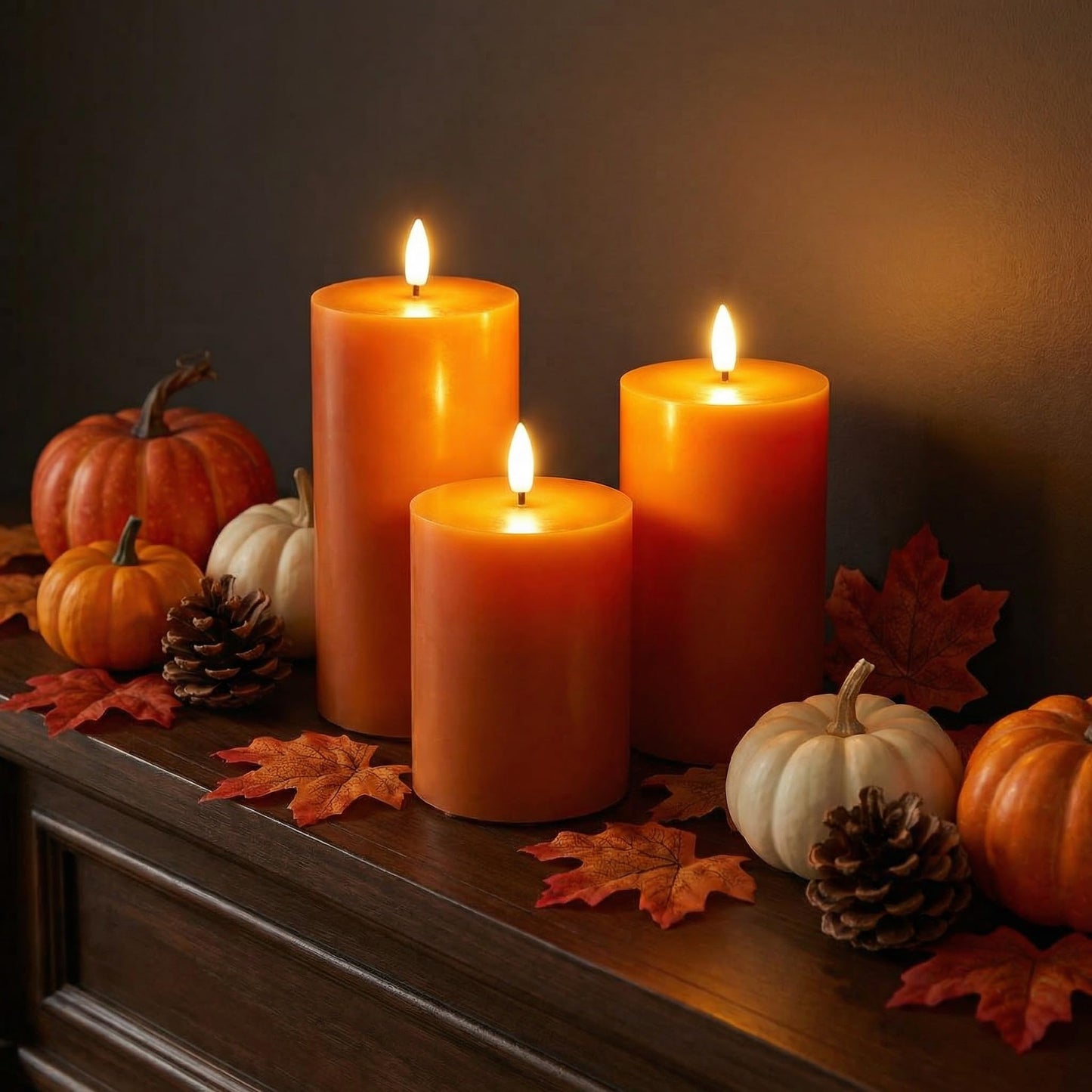 Eywamage Orange Flameless Pillar Candles with Remote, Flickering LED Wax Candles Battery Operated Set of 3