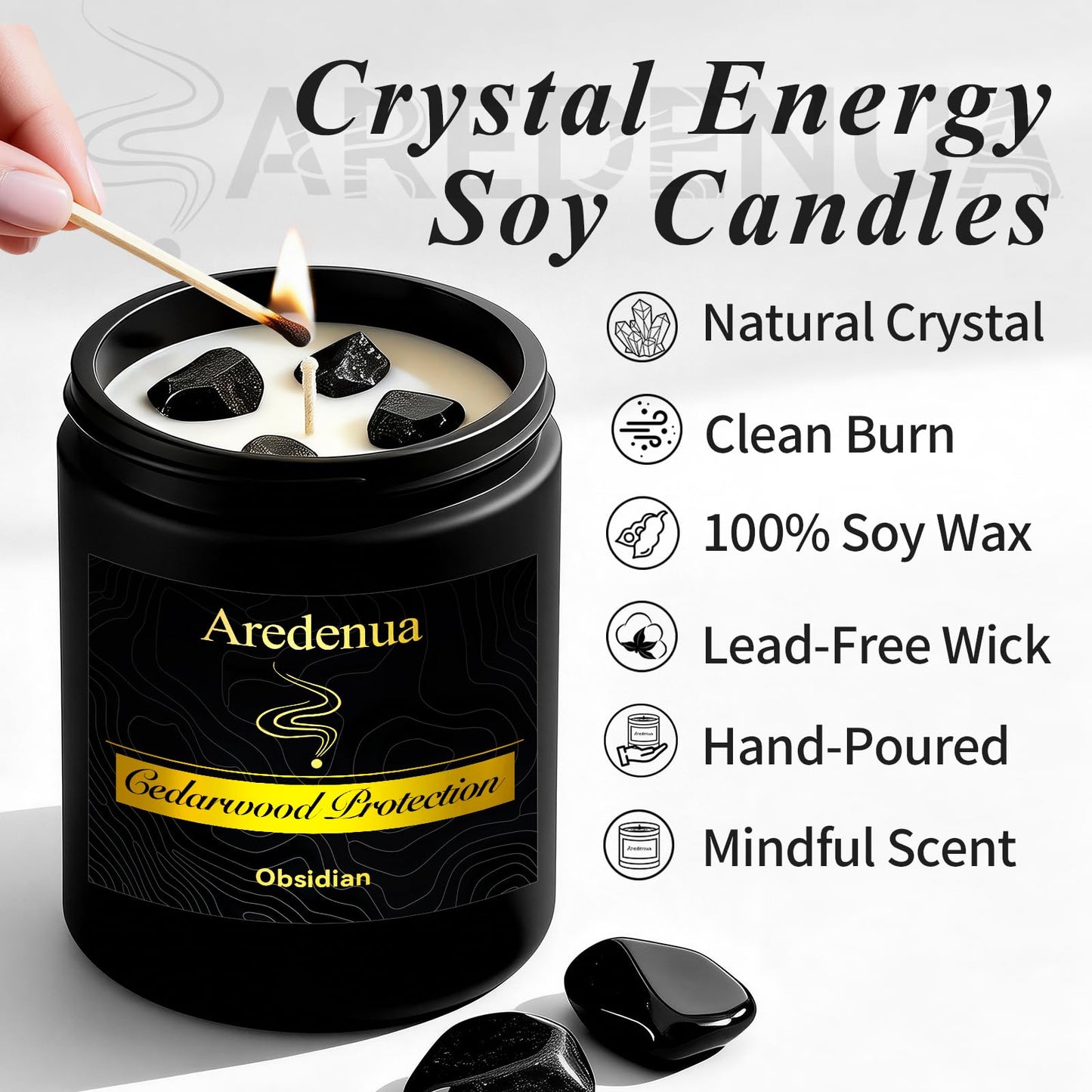 Aredenua Scented Candle with Crystal for Emotional Protection and Grounding - Cedarwood Aromatherapy Candle with Obsidian Healing Crystals, Natural Soy Wax 7oz, Strength Gift for Women Men