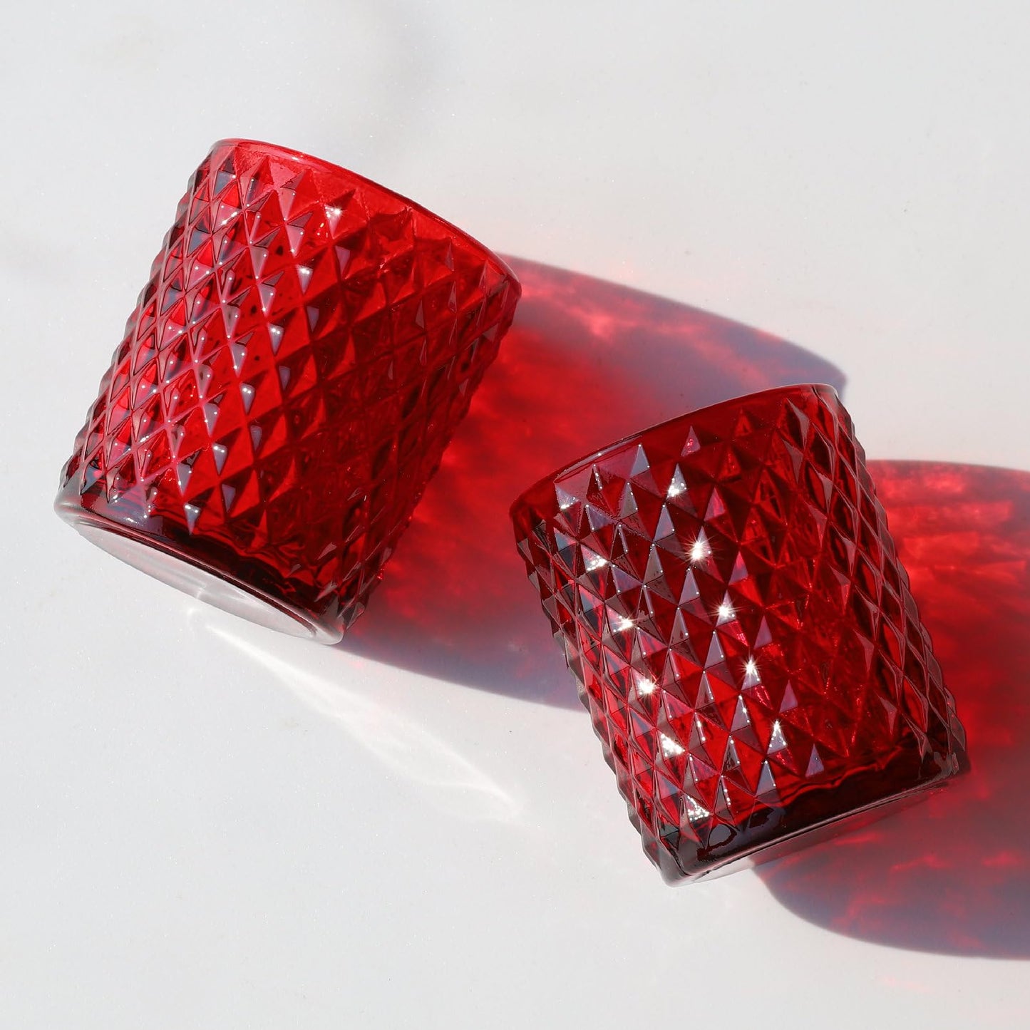 Woho Red Votive Candle Holders Bulk Set of 12, Glass Tea Lights Candle Holder for Wedding Table Centerpiece, Studded Diamond Tealight Candle Holder for Christmas Party Holiday Home Decor