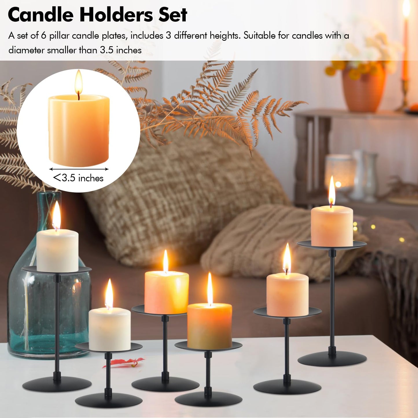 Lunhoo Set of 6 Candle Holders, Metal Pillar Candle Stand for Tabletop Wedding Party Event Birthday Anniversary (Black)