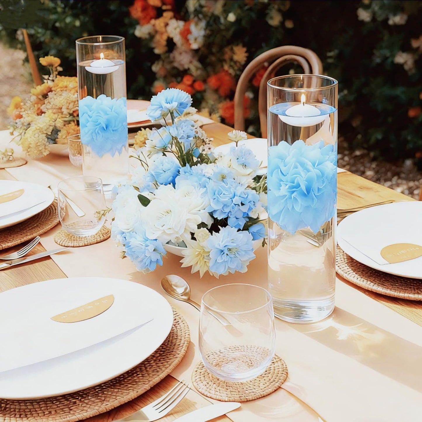 UDU 24 Pcs Floating Candles for Centerpieces and Floating Flowers for Centerpieces Artificial Flower Head for Home Birthday Wedding Party Table Decor Blue