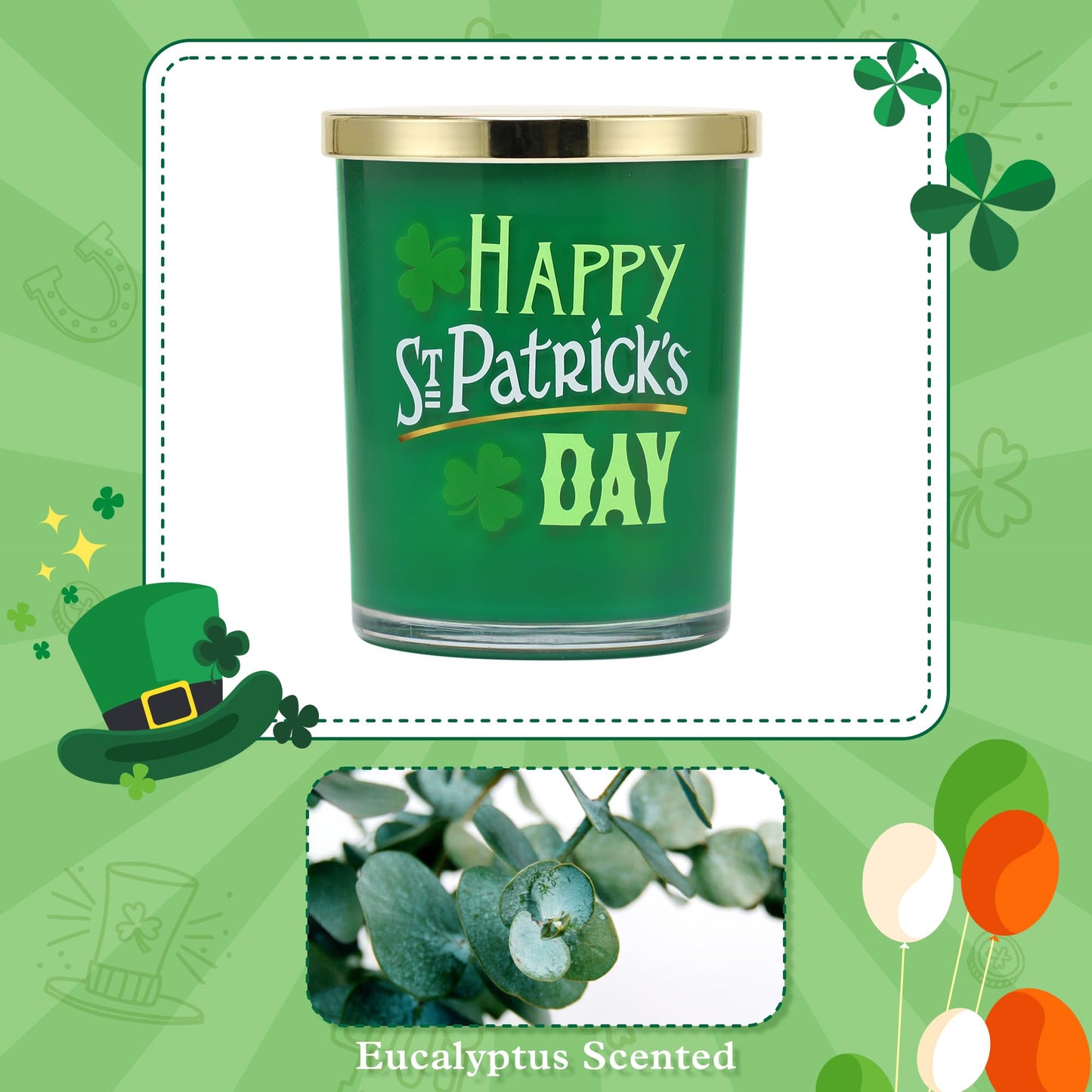St. Patrick's Day Scented Candle Gifts - Eucalyptus Candle, St Patricks Day Decorations, Holiday Candles Gift, 10oz Soy Wax