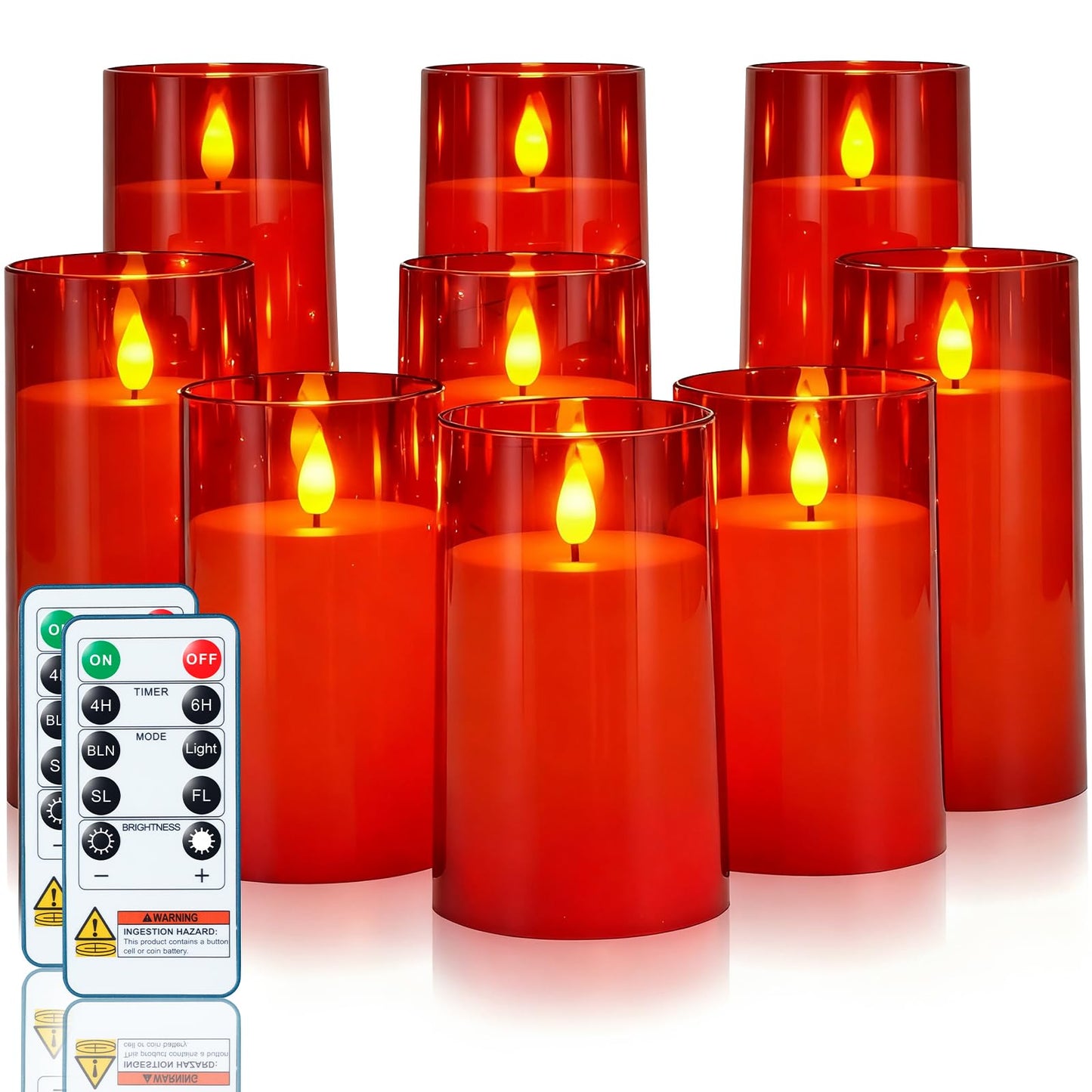 Homemory Christmas Red Flickering Flameless Candles, Battery Operated Acrylic LED Pillar Candles with Remote Control and Timer, Set of 9