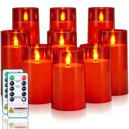 Homemory Christmas Red Flickering Flameless Candles, Battery Operated Acrylic LED Pillar Candles with Remote Control and Timer, Set of 9
