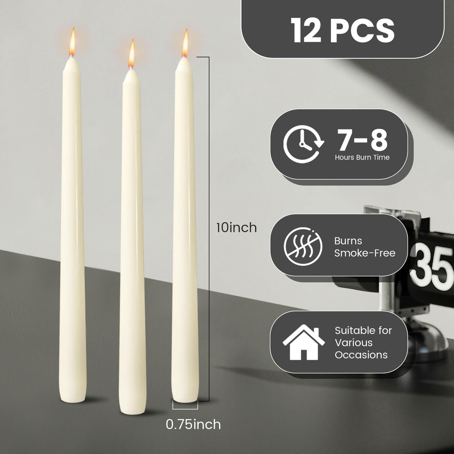 OSHINE Ivory 10 Inch Taper Candles - 12 Pack Long Taper Candle Dripless Unscented Smokeless & Emergency 7-8 Hours Long Burning Tall Candlesticks Ideal for Weddings, Dinner Party, Easter