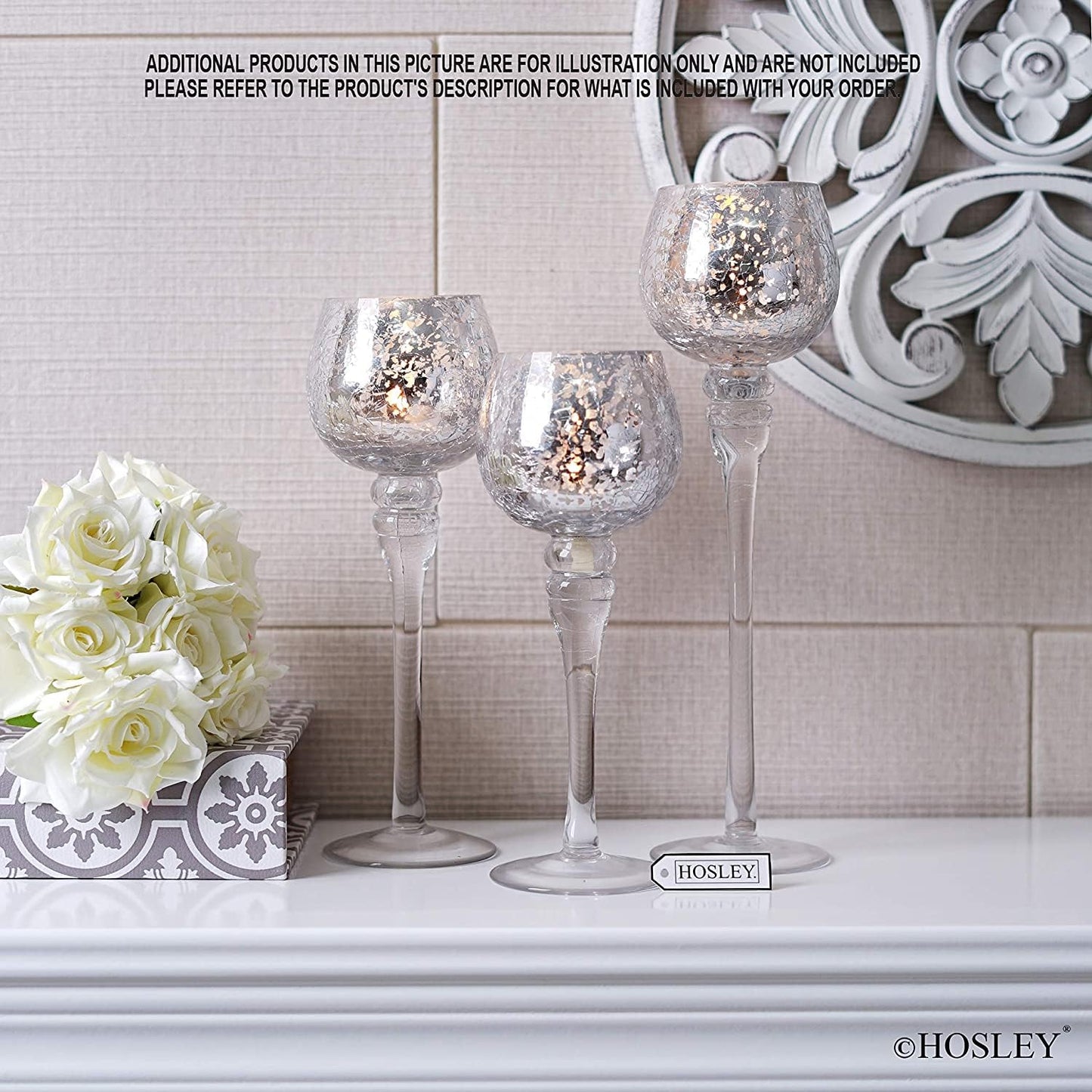 Hosley Set of 3 Metallic Crackle Glass Tealight Holders – 12", 10", 9" Elegant Home Decor, Ambient Lighting, Stylish Centerpieces & Gift Idea