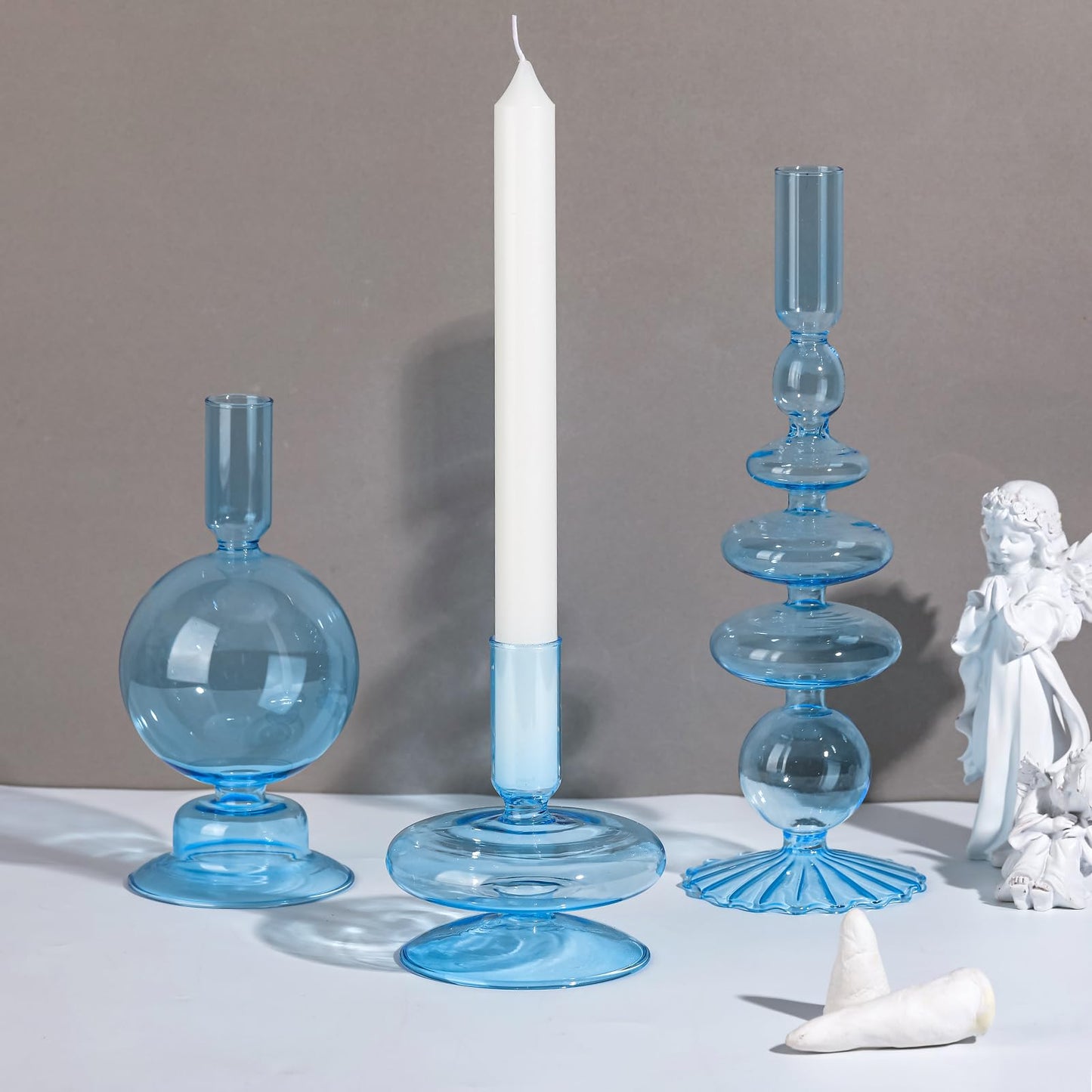 Rtteri 3 Pcs Glass Candlestick Holders Glass Candle Holders Groovy Wavy Elegant Taper Candle Stick for Wedding Home Birthday Party Easter St Patricks Day Decoration Windowsill Decor(Light Blue)