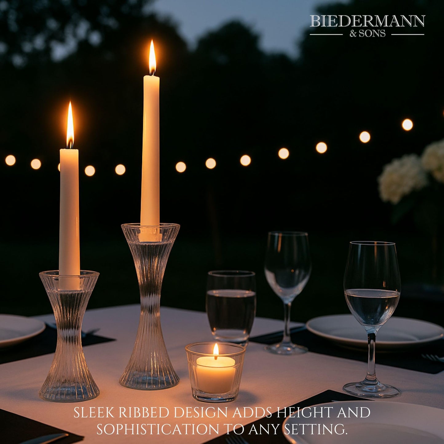 Biedermann & Sons Ribbed Hour-Glass Shape Tealight and Taper Candle Holders, Clear - 6.5 Inch Tall