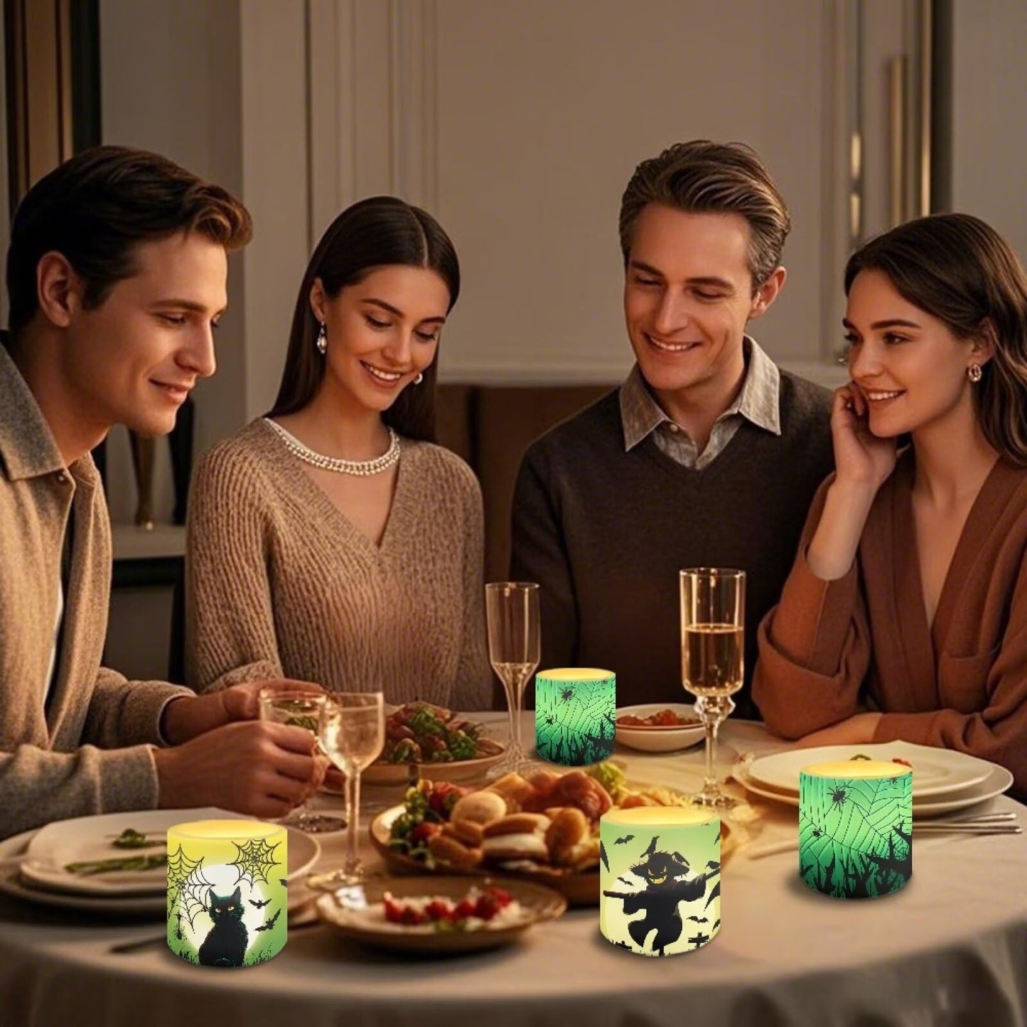 Merkmak Flameless Candles with Remote Battery Operated Candles with Timer Halloween Spider Web Black Cat Pumpkin Print Flameless Pillar Tea Lights for Party Home Decorations