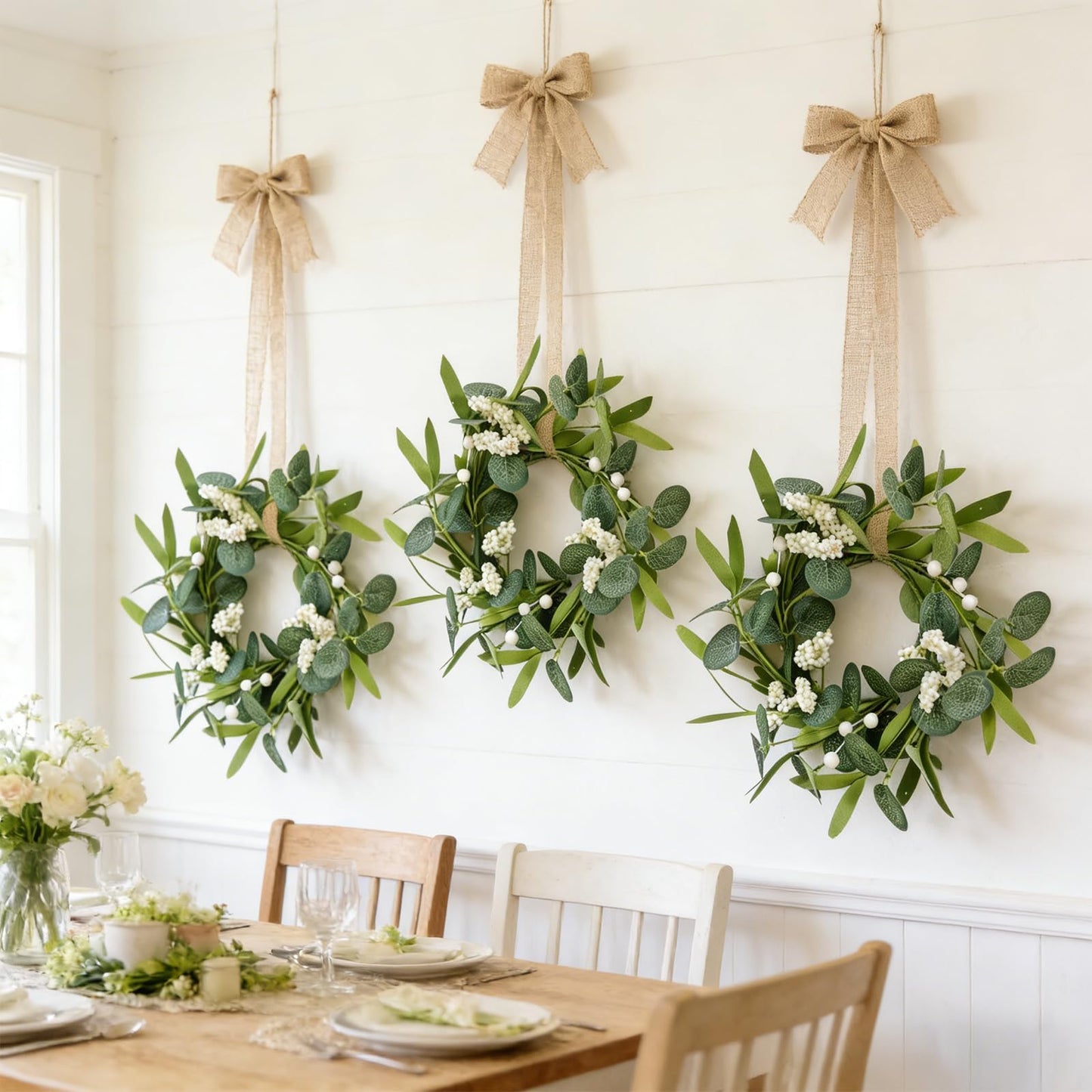4 Pcs Green Artificial Eucalyptus Candle Rings Wreaths Mini Green Kitchen Cabinet Wreath Table Centerpieces Spring Summer with White Berry for Pillars Farmhouse Porch Front Door Wedding Decor