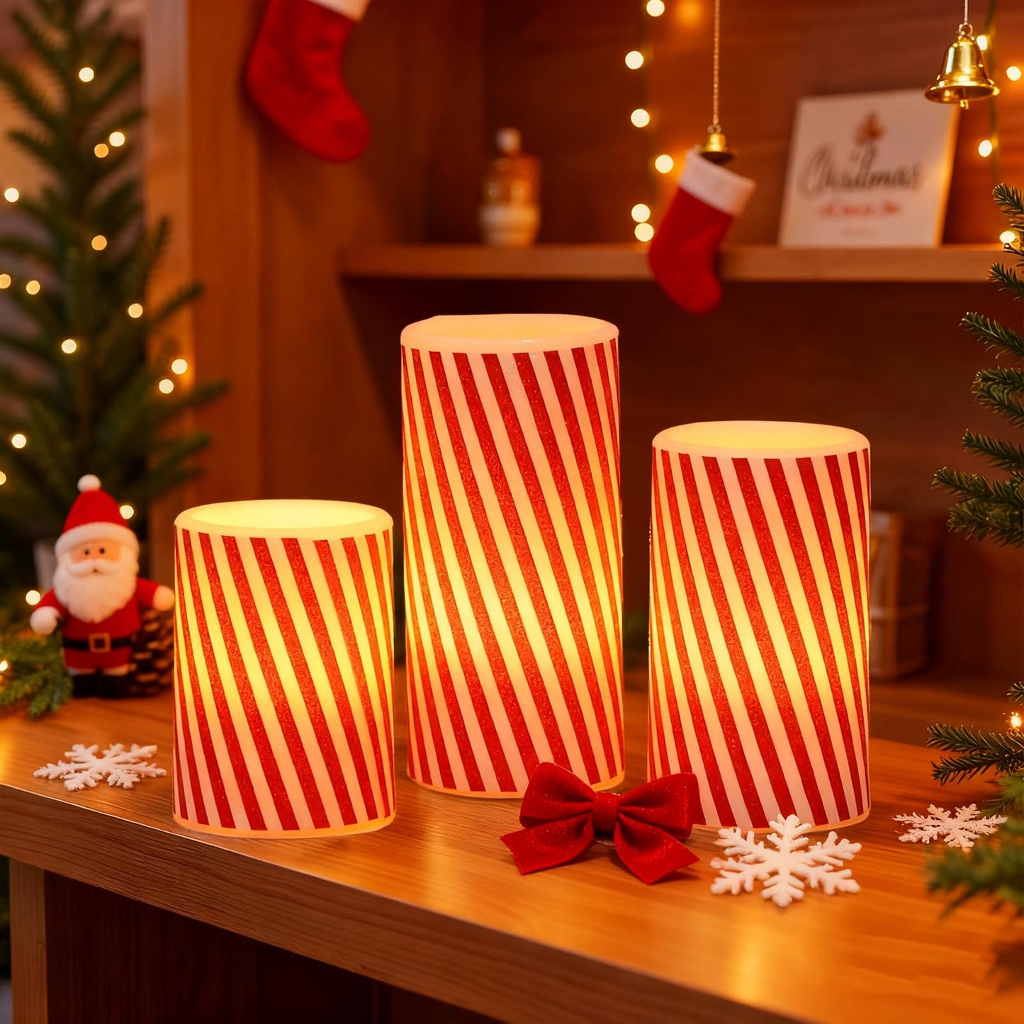DRomance Christmas Flameless Candles Battery Operated with 6 Hour Timer, Real Wax Flickering LED Pillar Candles Candy Cane Decals Dinner Party Holiday Indoor Table Decor(3 Pack, 3" D x 4", 5", 6" H)