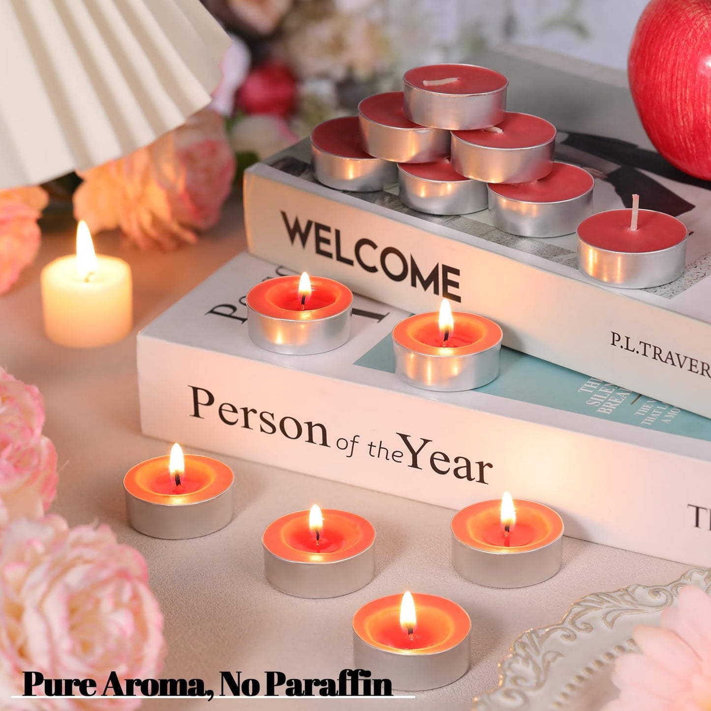 HAVITI 15 Pcs Apple Scented Tealight Candles, Red Tea Lights Candles, 4H Smokeless Palm Wax Tea Candle for Weddings,Christmas,Advent, Spa, Bath