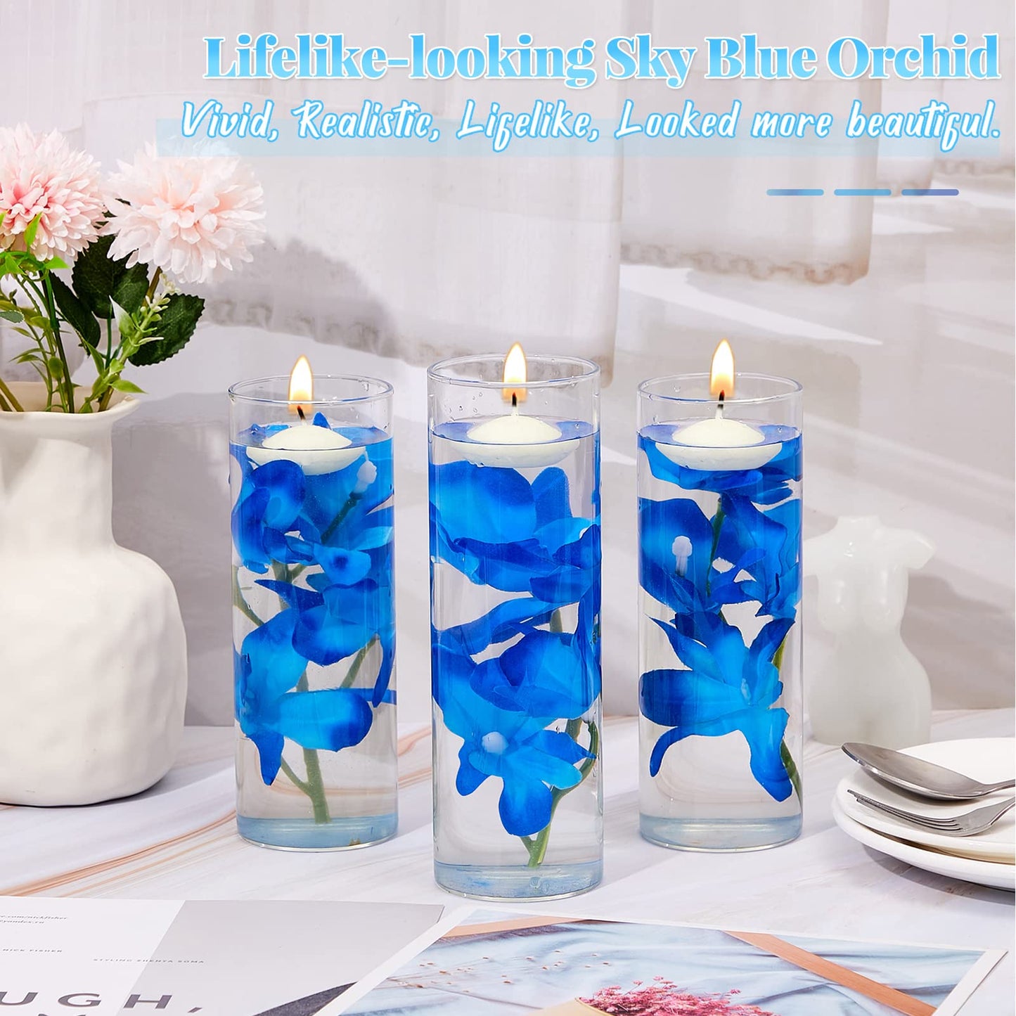 Juexica 28 Pieces Floating Flowers for Centerpieces Blue Orchid Flowers Vase Fillers Unscented Floating Candles for Wedding Table Party Home Decoration
