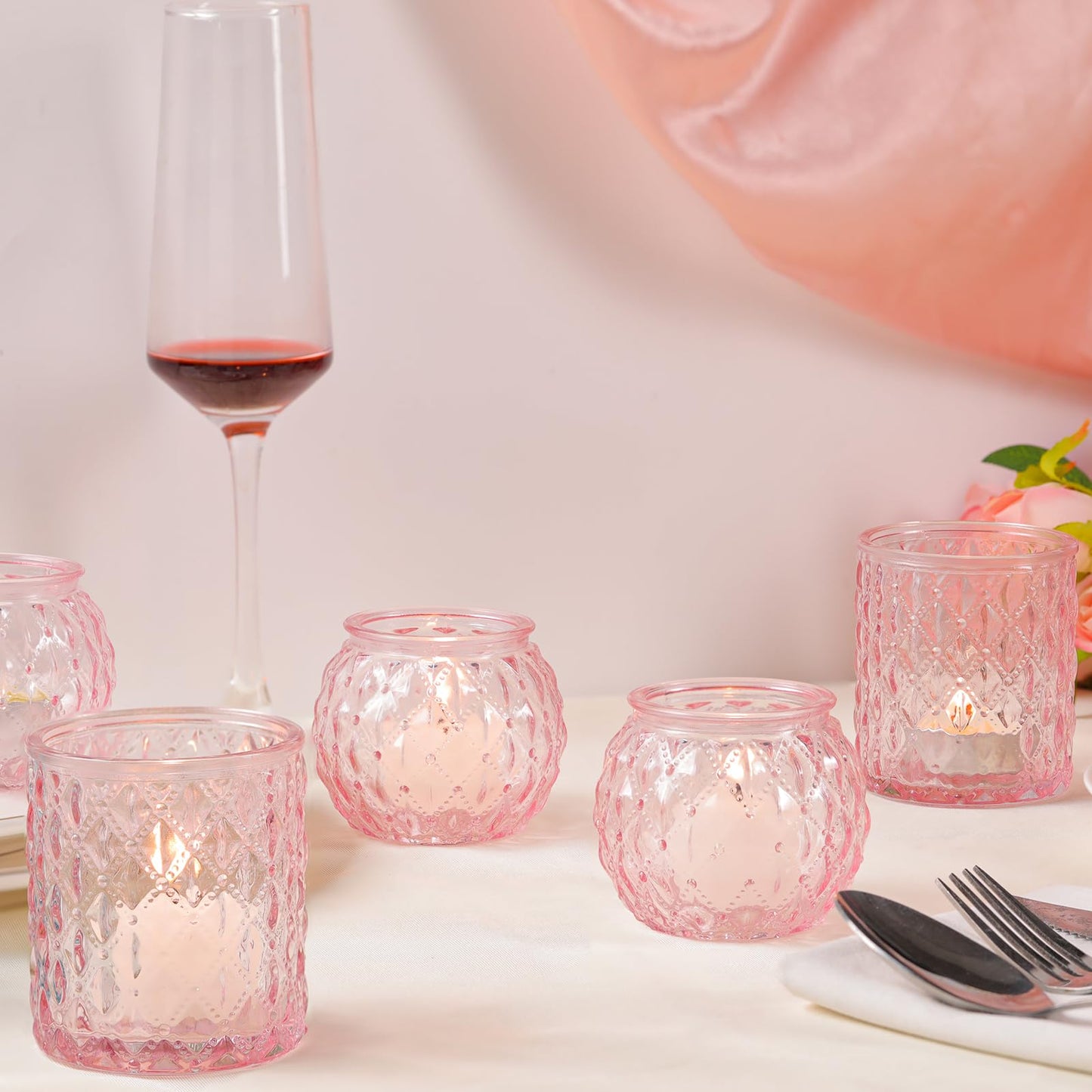 DARJEN Pink Votive Candle Holders- 10Pcs Glass Tealight Candle Holder, Size Upgrade Design for Home Decor, Romantic Candle Holder for Party & Dinner Table Centerpieces, Living Room Decor Gifts