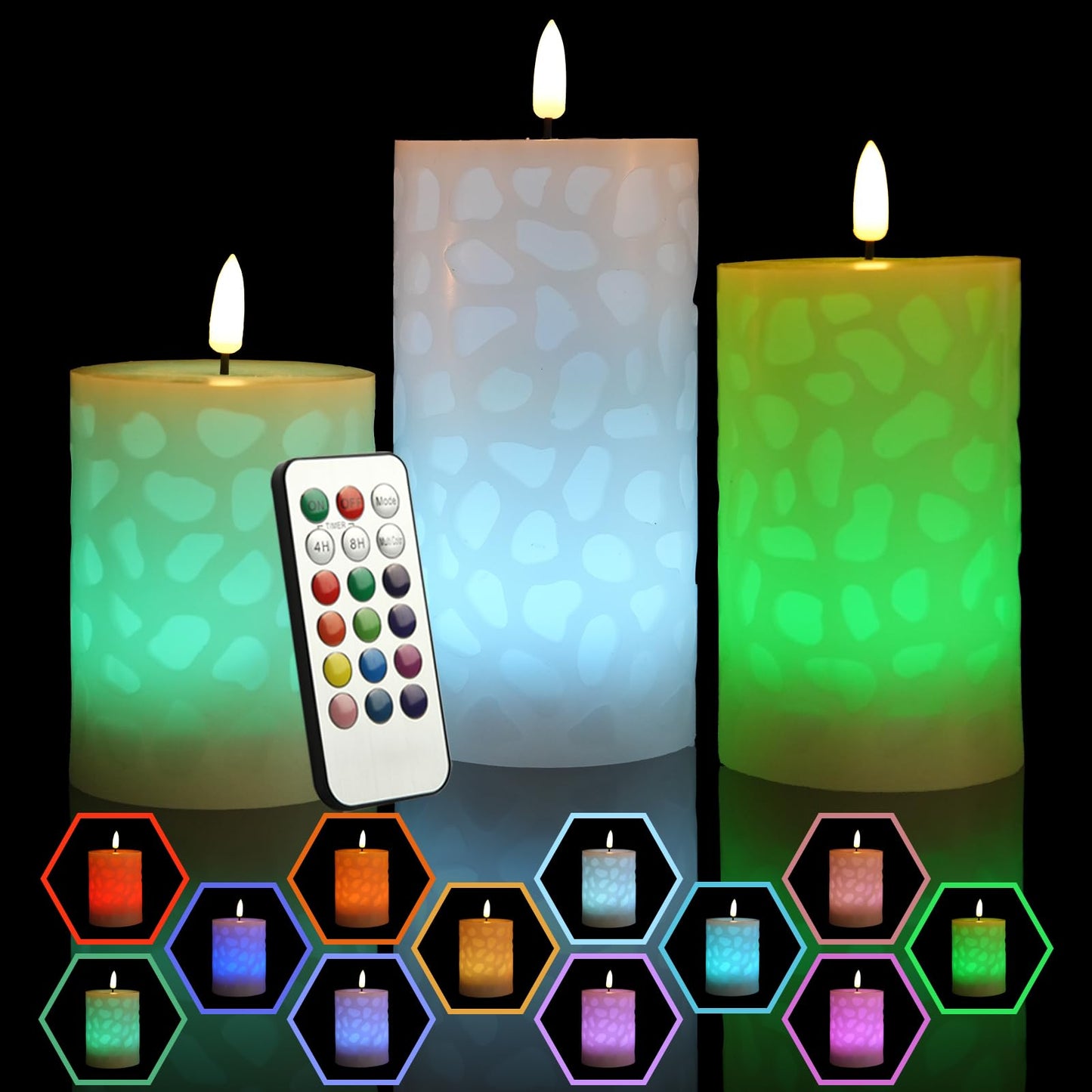 NICEME 3PCS LED Multi Colored Flameless Candles Pillar Battery Operated Flickering 3D Wick Flame Color Changing Candles with Remote Control Carving Real Wax Electric Fake Candles, D3” x H4” 5" 6"