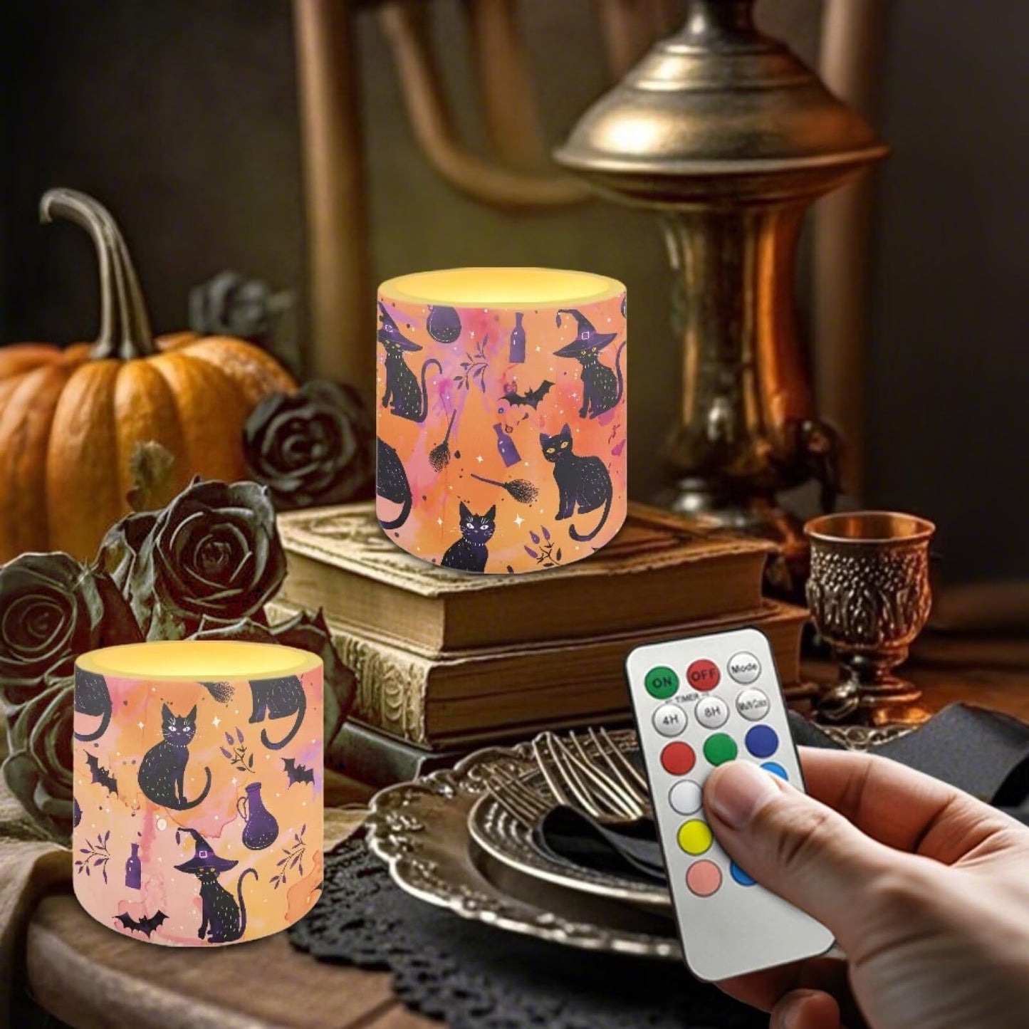 Merkmak Pack of 4 Halloween Black Cat Bat Flameless Candles with Timer Battery Operated Candles with Remote Control LED Pillar Tea Lights for Indoor Outdoor Party Banquet Home Decor