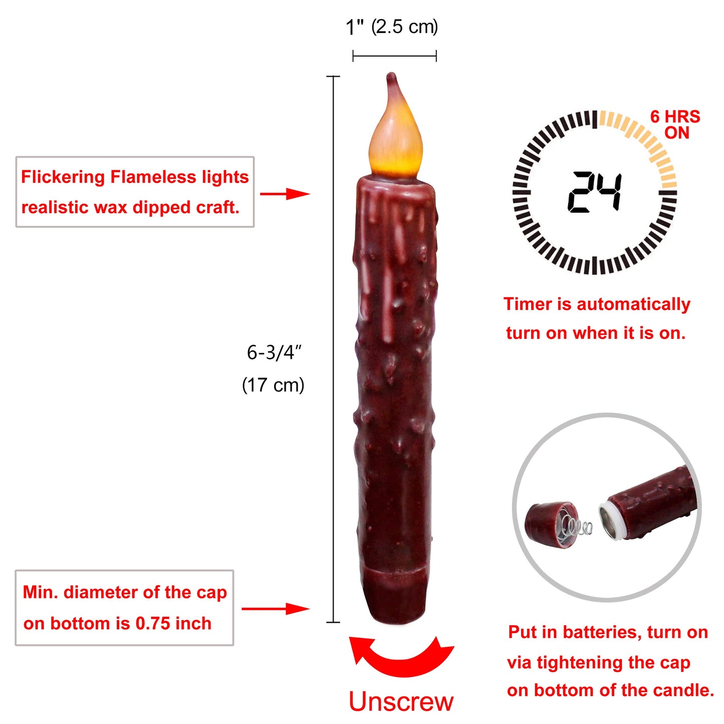 CVHOMEDECO. Real Wax Hand Dipped Battery Operated LED Timer Taper Candles Country Primitive Flameless Lights Décor, 6-3/4 Inch, Burgundy, 3 PCS in a Package