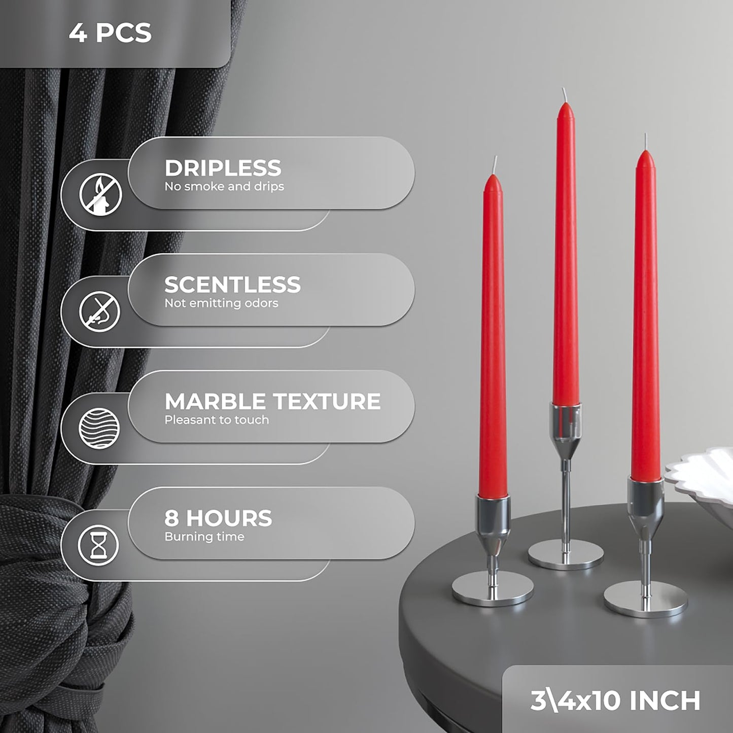 CANDWAX 10 inch Red Taper Candles Set of 4 - Unscented Smokeless Dripless Long Burning Candlesticks - Perfect as Taper Candlesticks for Dinner or Holiday Home Decor - Red Candle Sticks