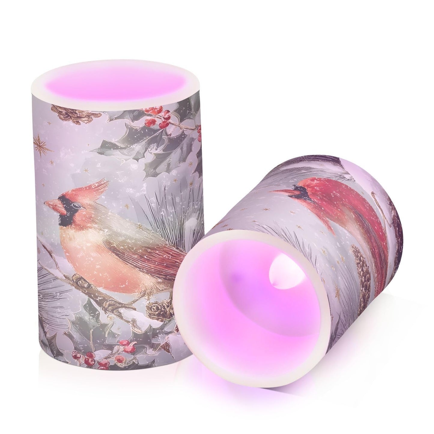 ALAZA Cardinals Perched Berry Flameless Candles Flickering LED Candles with Remote Timer Battery Operated Pillar Candles Set of 2 for Dinner Holiday Decor