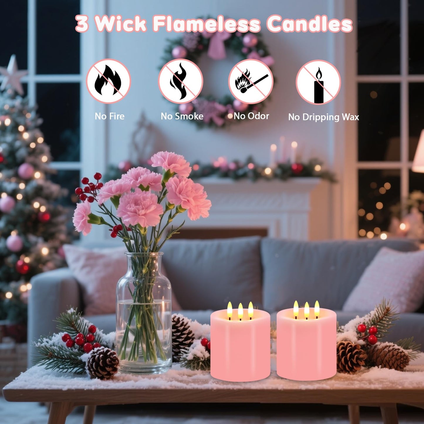 Large 3 Wick Flameless Candles Set of 2, 4"x4" Flickering Flameless Candles with Remote & Timer, Dimmable Real Wax LED Candles Battery Operated, Pink Pillar Candles for Wedding Valentine's Day Decor