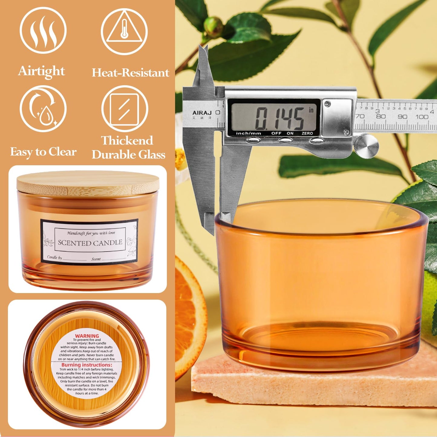 CONNOO 15 Pack 4oz Orange Glass Candle Jars with Airtight Bamboo Lids for Making Candles, Bulk Small Wide Mouth Empty Candle Containers with Sticky Warning Labels - Dishwasher Safe