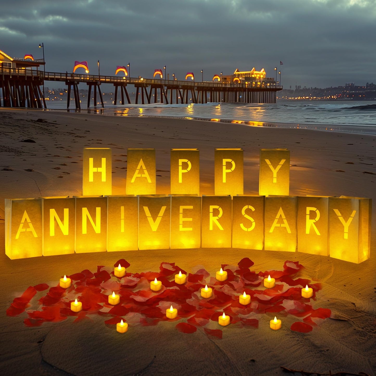 Homemory Happy Anniversary Decoration Light Up Letters with Flameless Candles and 2000 Fake Rose Petals, Valentine's Day Luminary Bags Happy Anniversary Banner Sign Romantic Party Decor for Wedding