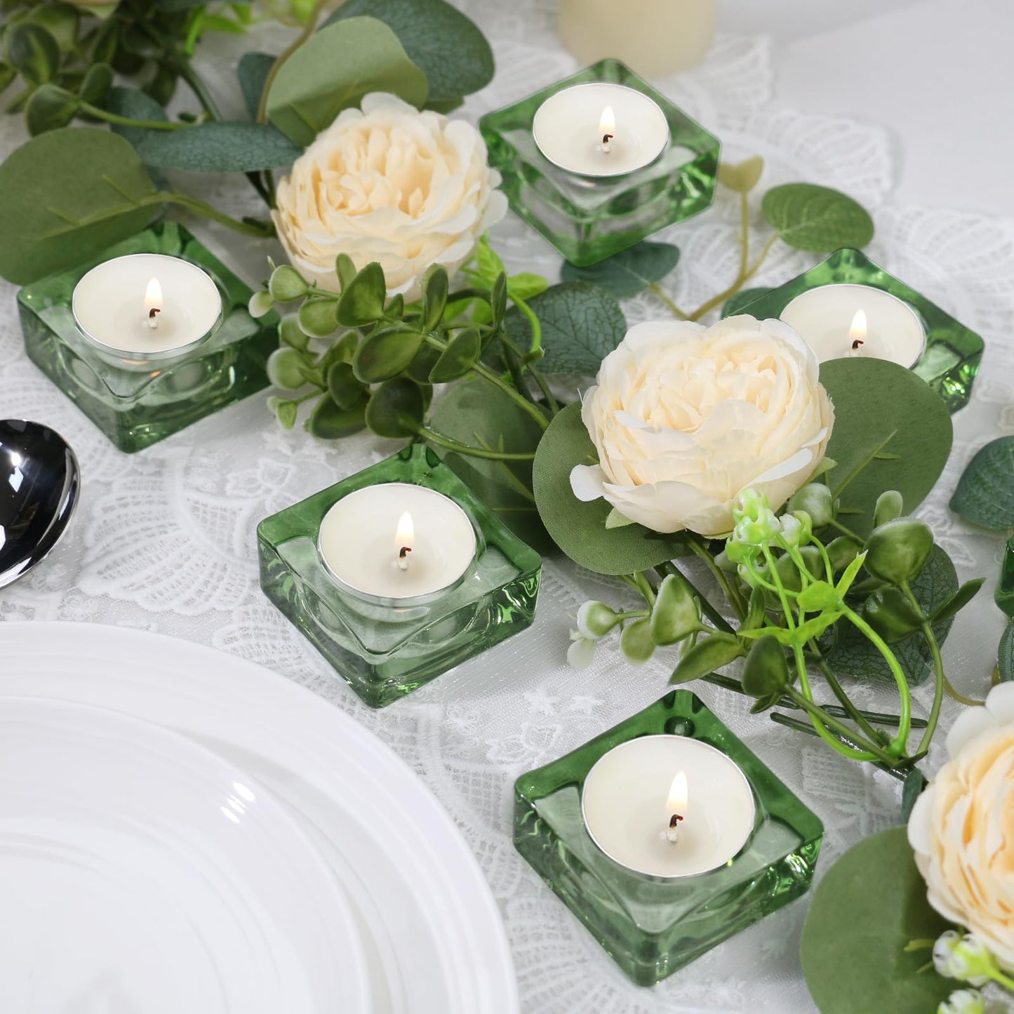 CHOCSTAY Tealight Candle Holder Set of 6, Green Glass Candle Holder Heat-Resistant Square Holders for Wedding, Party, Home Décor