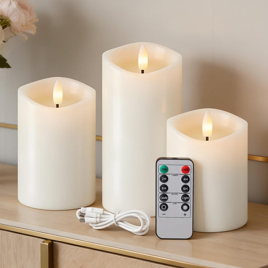 Velsyn Rechargeable Flickering Flameless Candles Melted Edge Battery Operated with Remote and Timer, Real Wax LED USB Type-C Pillar Candles, Set of 3 (3" x 4",5",6"), White,Home Decor