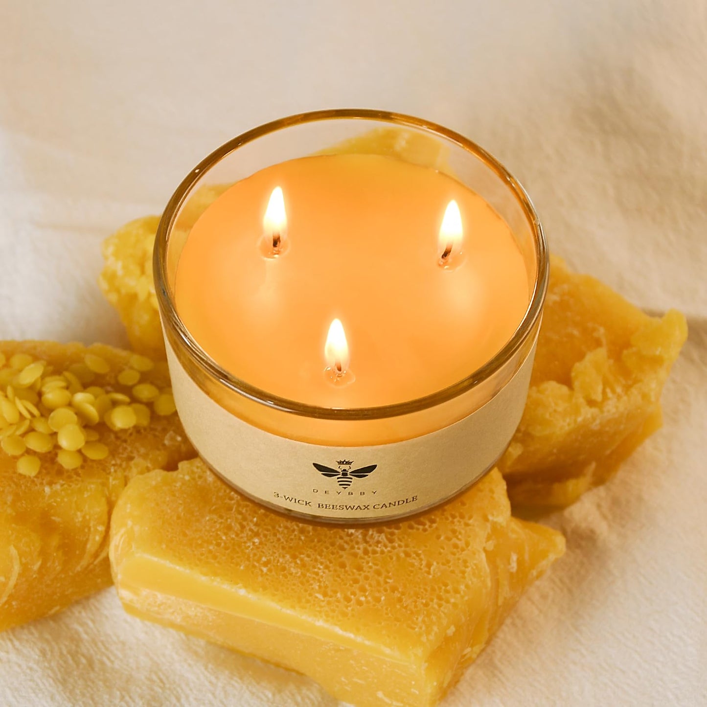 DEYBBY Large Beeswax Jar Candle - 3 Wick Beeswax Candle Gift - Handpour Candle with Natural Honey Scent, 22 Hours Burning