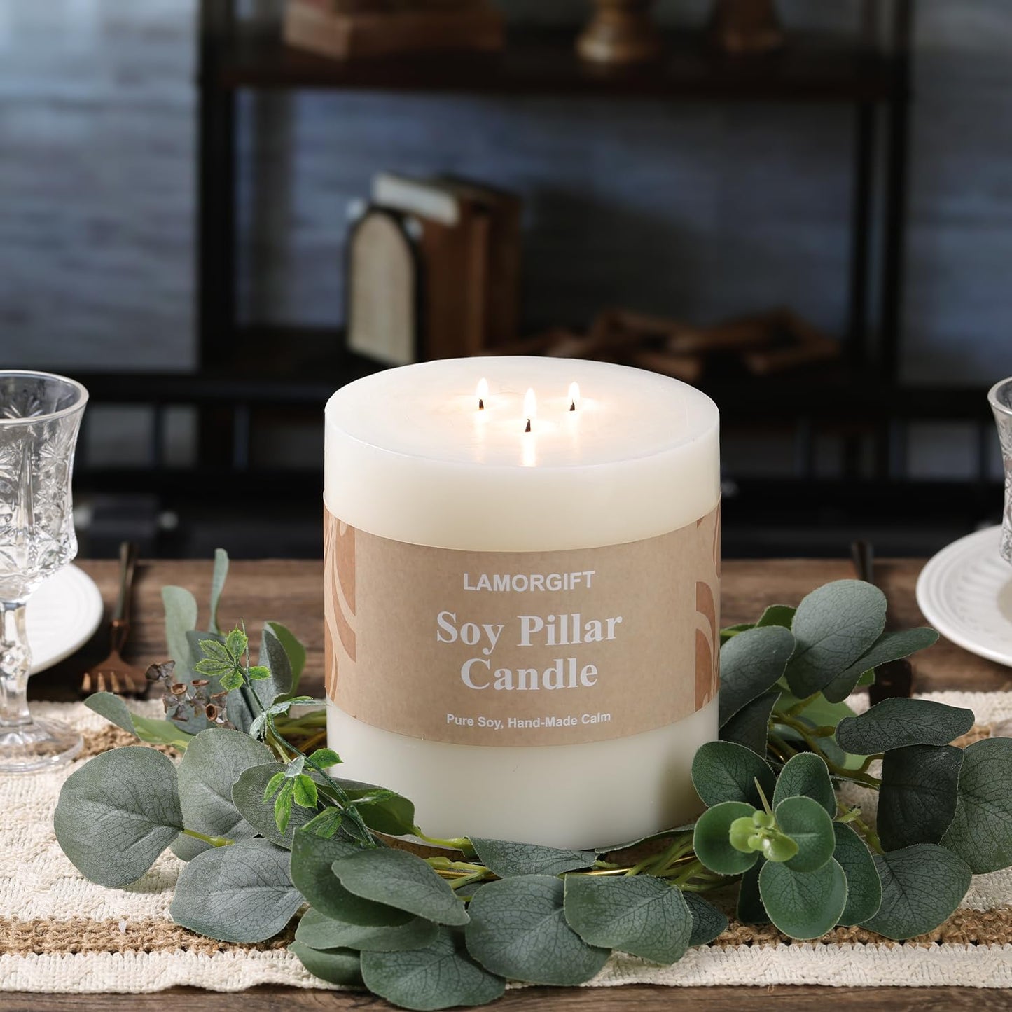 LAMORGIFT 3 Wick Soy Pillar Candle - 6x6” Extra Large Unscented White Pillar Candle, Hand-Poured Soy Wax Candle with Frosted Finish, Long Lasting Large Centerpiece Candle for Home Decor & Weddings