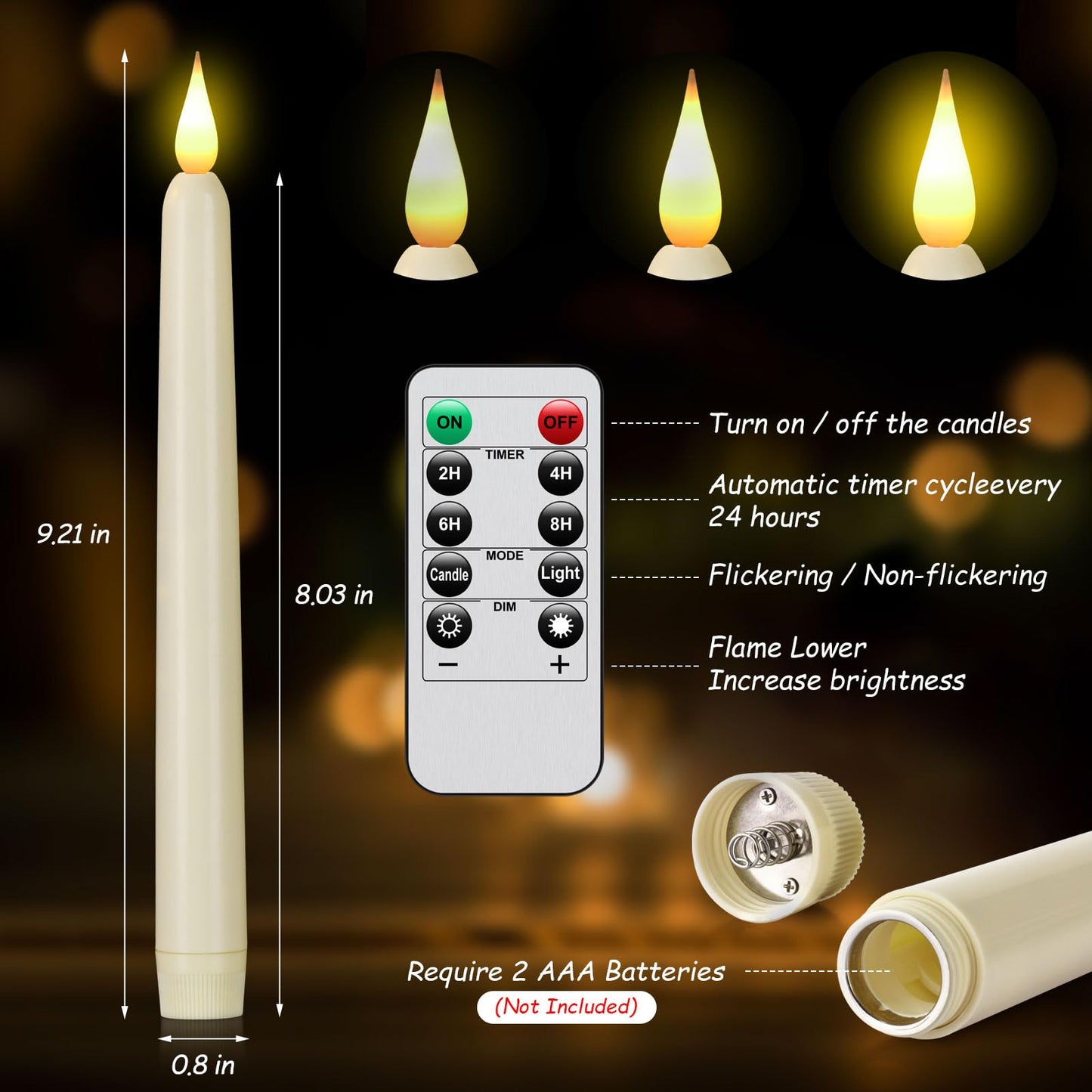 Hanzim Flameless Taper Candle with Remote Control, 3pack Plastic LED Candles, Flickering Battery Operated, 9.2''Classic Tall Candles for Wedding, Party,Christmas,Home Decor (Ivory)