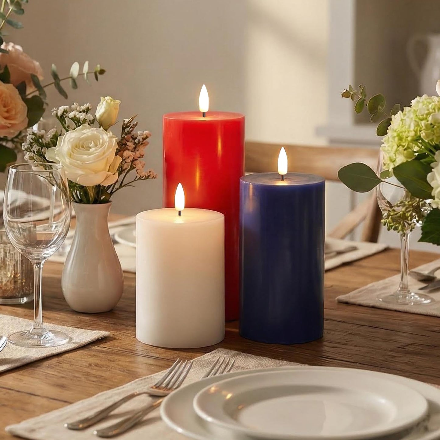 Eywamage Red White Blue Patriotic Flameless Pillar Candles with Remote, Real Wax 4th of July LED Candles Set of 3