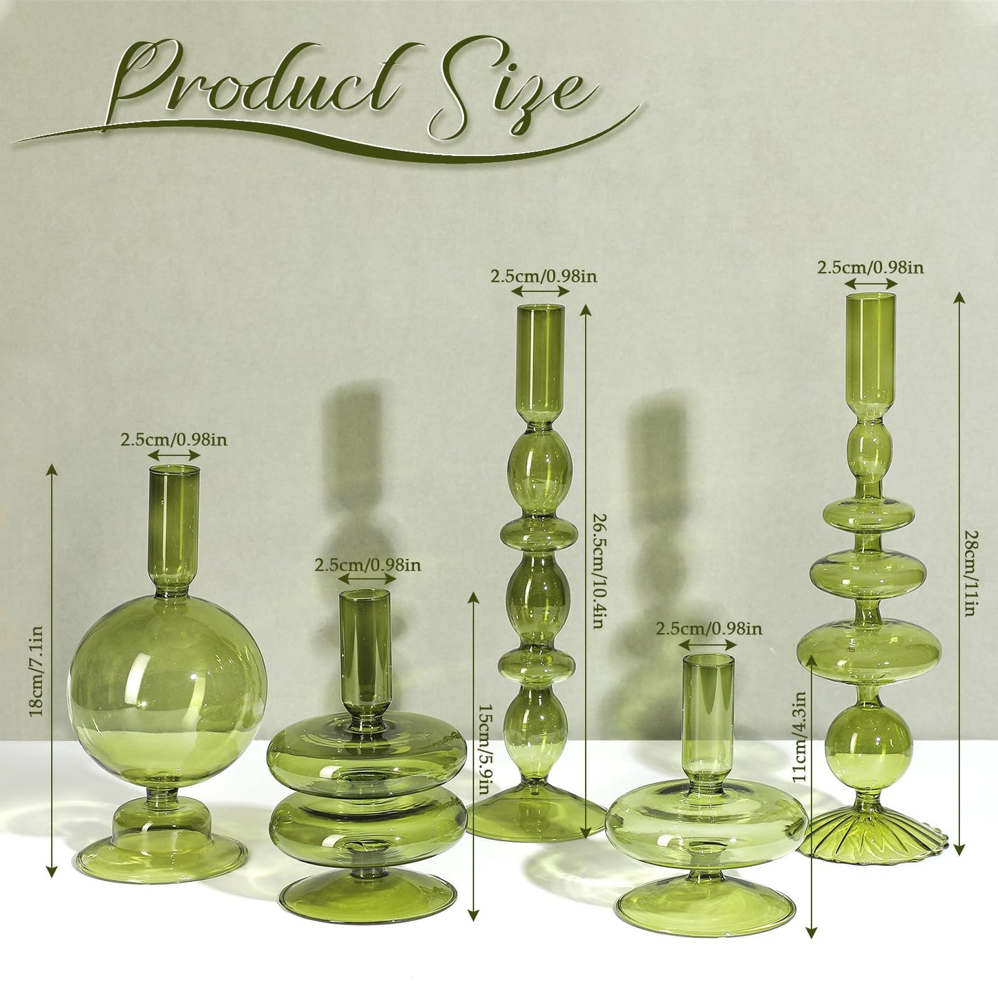 Rtteri 5 Pcs Glass Candlestick Holders Colorful Glass Taper Candle Stand Groovy Candlestick Wavy Boho Chic Clear Bases Holders Elegant Vase for Home Party Centerpiece(Green)